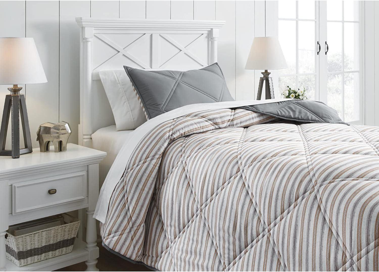 imageSignature Design by Ashley Rhey Contemporary Diamond Quilting ampamp Striped Design Reversible Twin Comforter with One Sham Set Gray Beige Brown