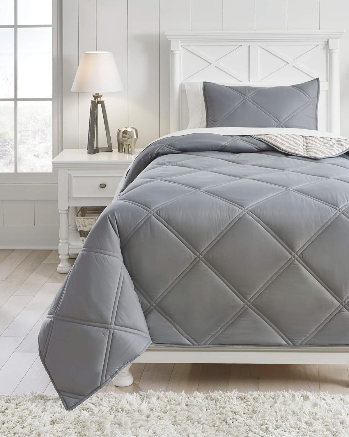 imageSignature Design by Ashley Rhey Contemporary Diamond Quilting ampamp Striped Design Reversible Twin Comforter with One Sham Set Gray Beige Brown