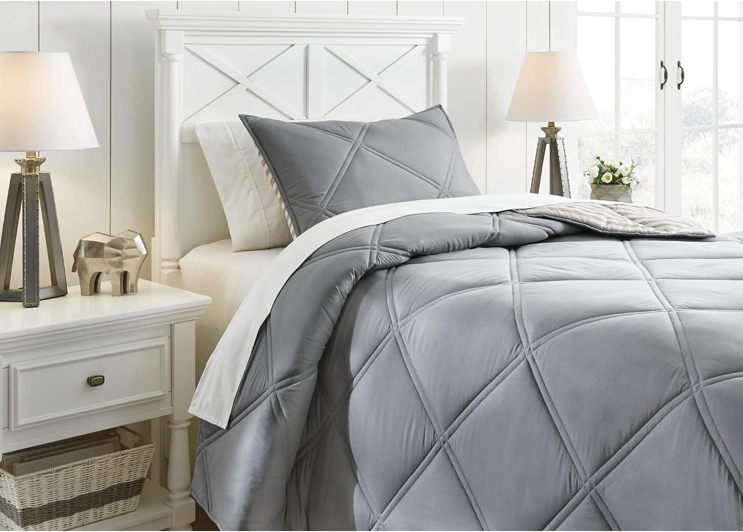 imageSignature Design by Ashley Rhey Contemporary Diamond Quilting ampamp Striped Design Reversible Twin Comforter with One Sham Set Gray Beige Brown
