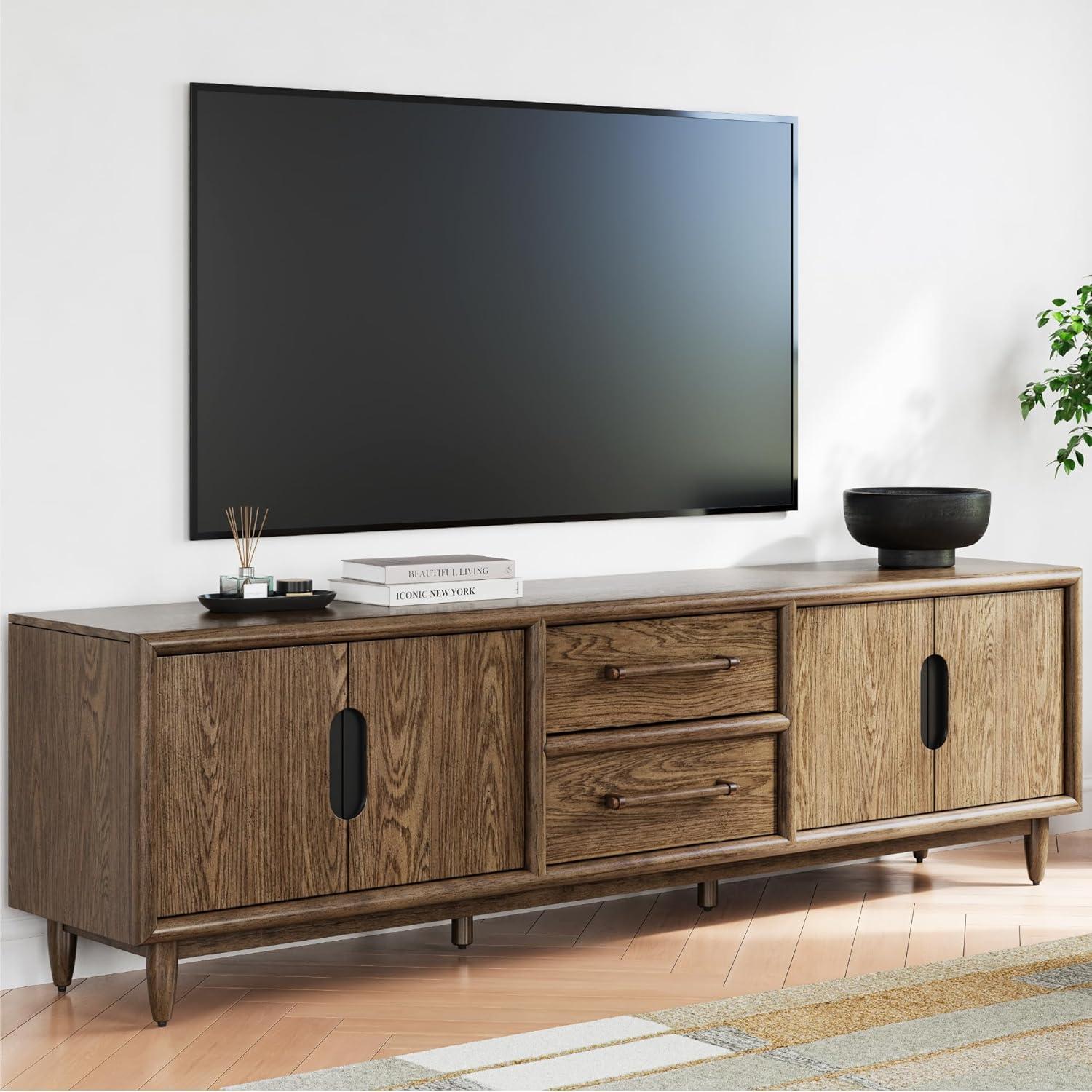 imageSignature Design by Ashley Roanhowe Contemporary 85quot TV Stand for TVs up to 97quot with Adjustable Shelves Drawers Cabinets and Cord Openings Dark Brown