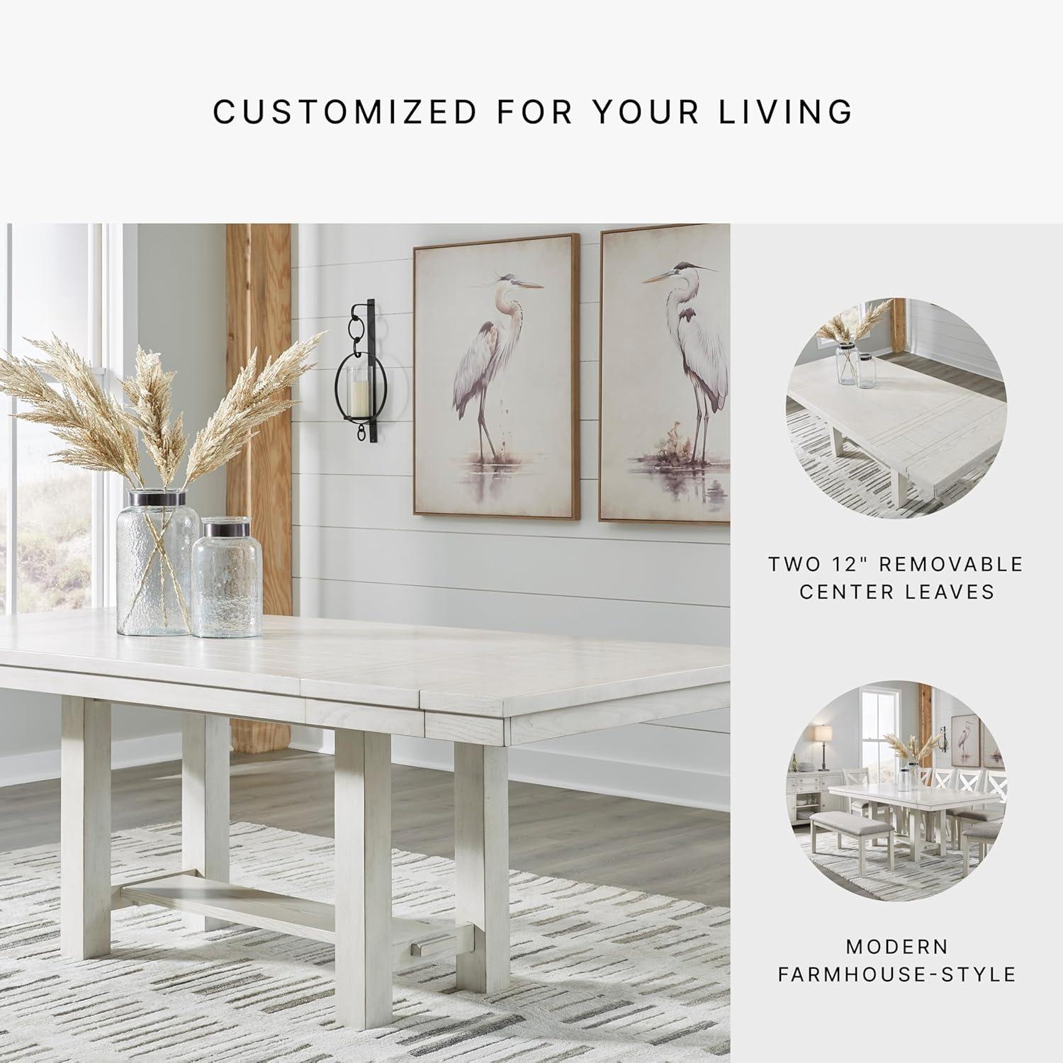 imageSignature Design by Ashley Robbinsdale Casual Removable Center Leaf Dining Extension Table with Trestle Base Wood Ash Veneer Tabletop with Planked Effect 2 Removable Center Leaves Seats 8 WhiteAntique White
