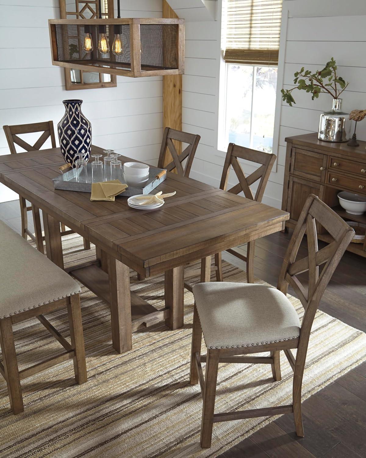 imageSignature Design by Ashley Robbinsdale Casual Removable Center Leaf Dining Extension Table with Trestle Base Wood Ash Veneer Tabletop with Planked Effect 2 Removable Center Leaves Seats 8 WhiteBrown