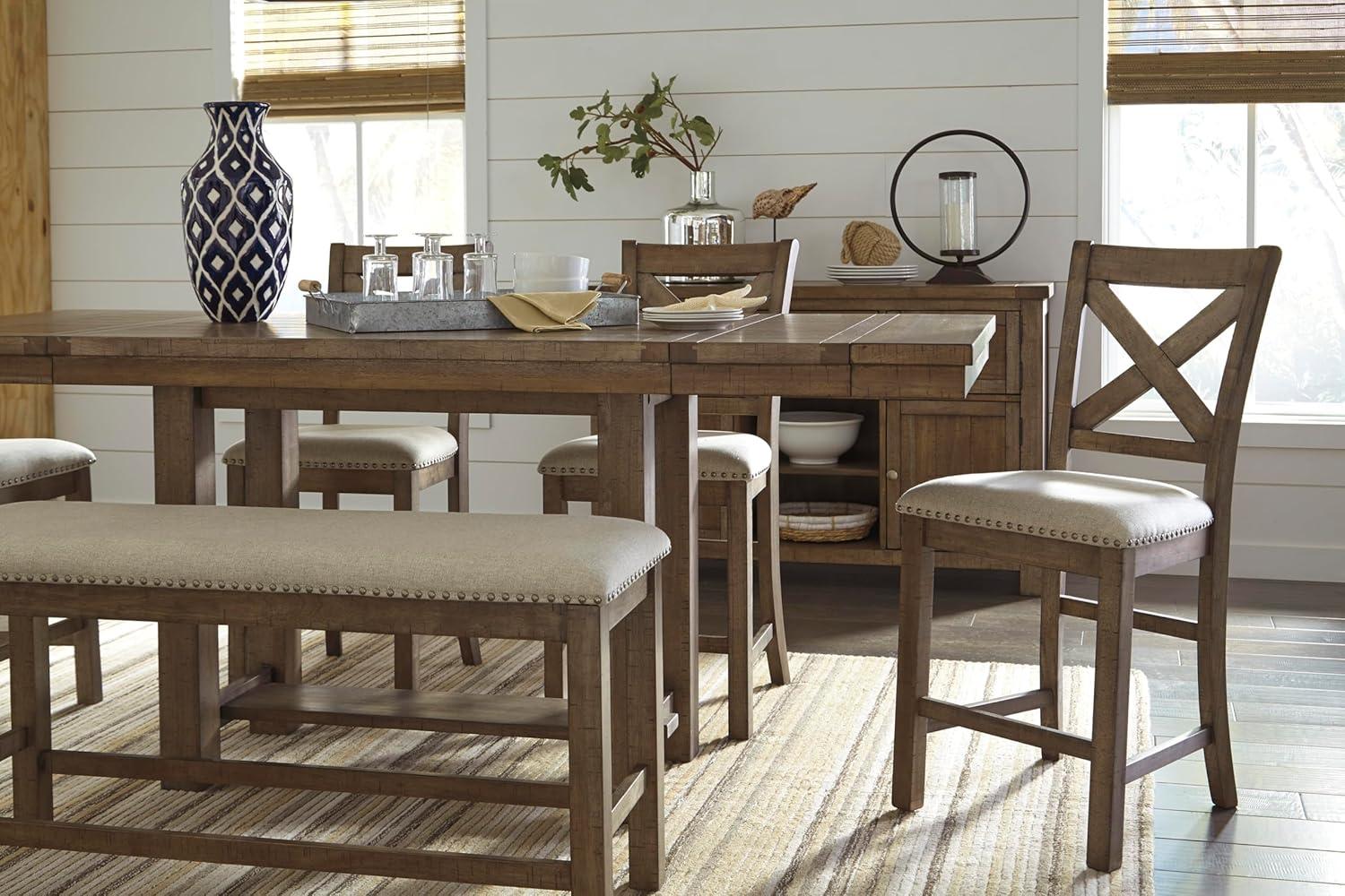 imageSignature Design by Ashley Robbinsdale Casual Removable Center Leaf Dining Extension Table with Trestle Base Wood Ash Veneer Tabletop with Planked Effect 2 Removable Center Leaves Seats 8 WhiteBrown