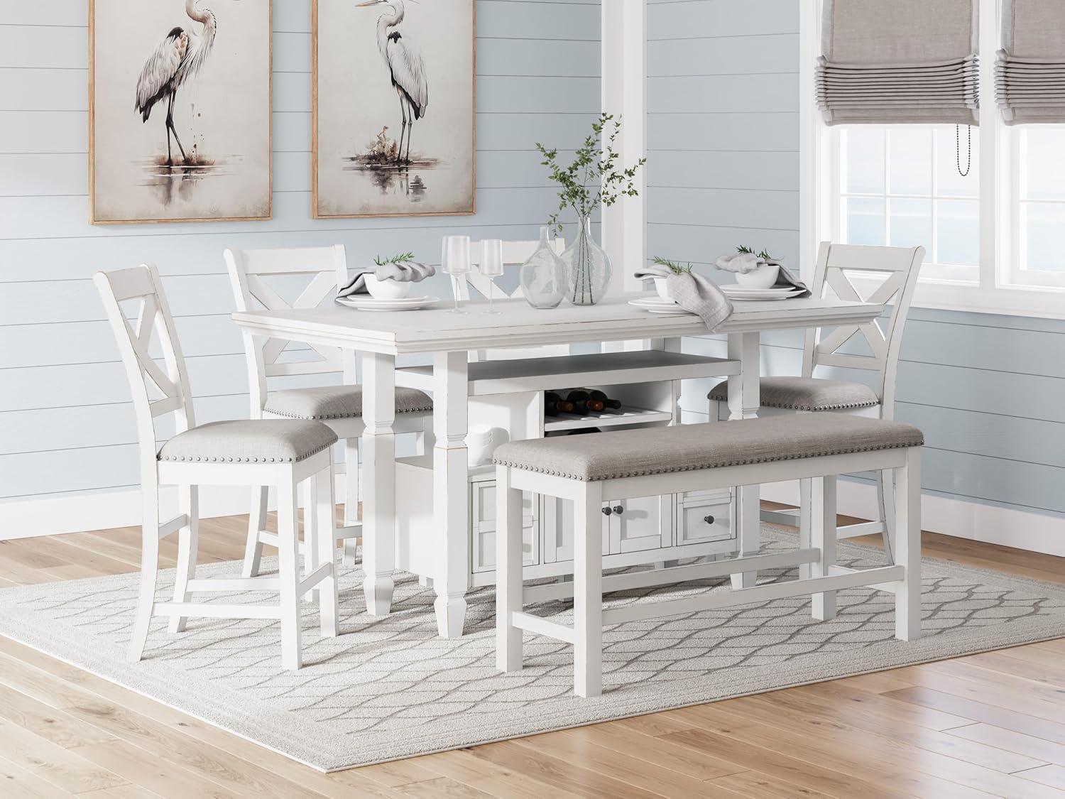 imageSignature Design by Ashley Robbinsdale Casual Removable Center Leaf Dining Extension Table with Trestle Base Wood Ash Veneer Tabletop with Planked Effect 2 Removable Center Leaves Seats 8 WhiteAntique White