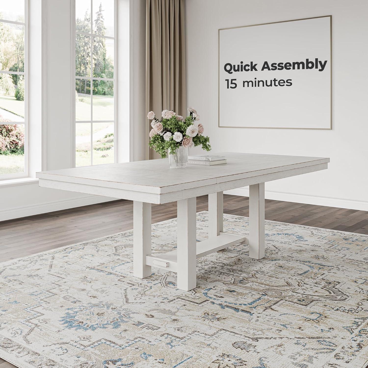 imageSignature Design by Ashley Robbinsdale Casual Removable Center Leaf Dining Extension Table with Trestle Base Wood Ash Veneer Tabletop with Planked Effect 2 Removable Center Leaves Seats 8 WhiteAntique White