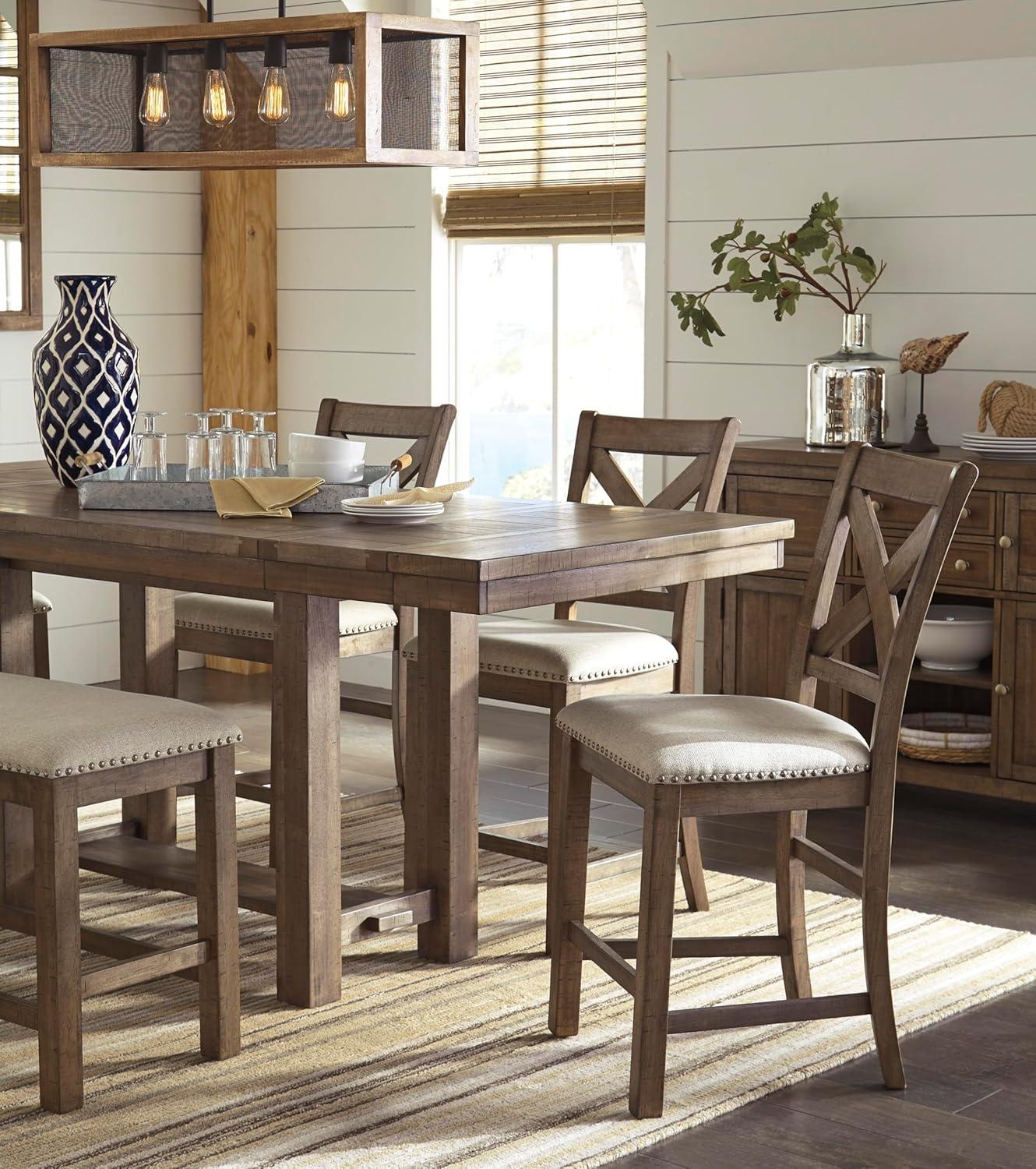 imageSignature Design by Ashley Robbinsdale Casual Removable Center Leaf Dining Extension Table with Trestle Base Wood Ash Veneer Tabletop with Planked Effect 2 Removable Center Leaves Seats 8 WhiteBrown