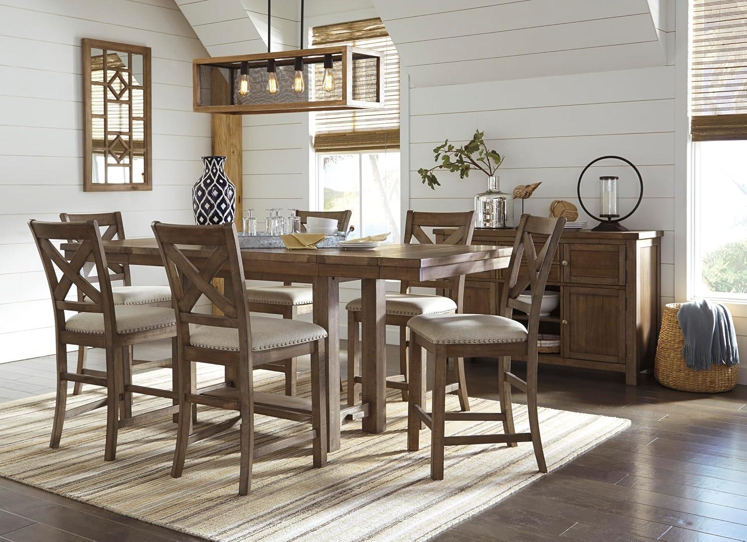 imageSignature Design by Ashley Robbinsdale Casual Removable Center Leaf Dining Extension Table with Trestle Base Wood Ash Veneer Tabletop with Planked Effect 2 Removable Center Leaves Seats 8 WhiteBrown