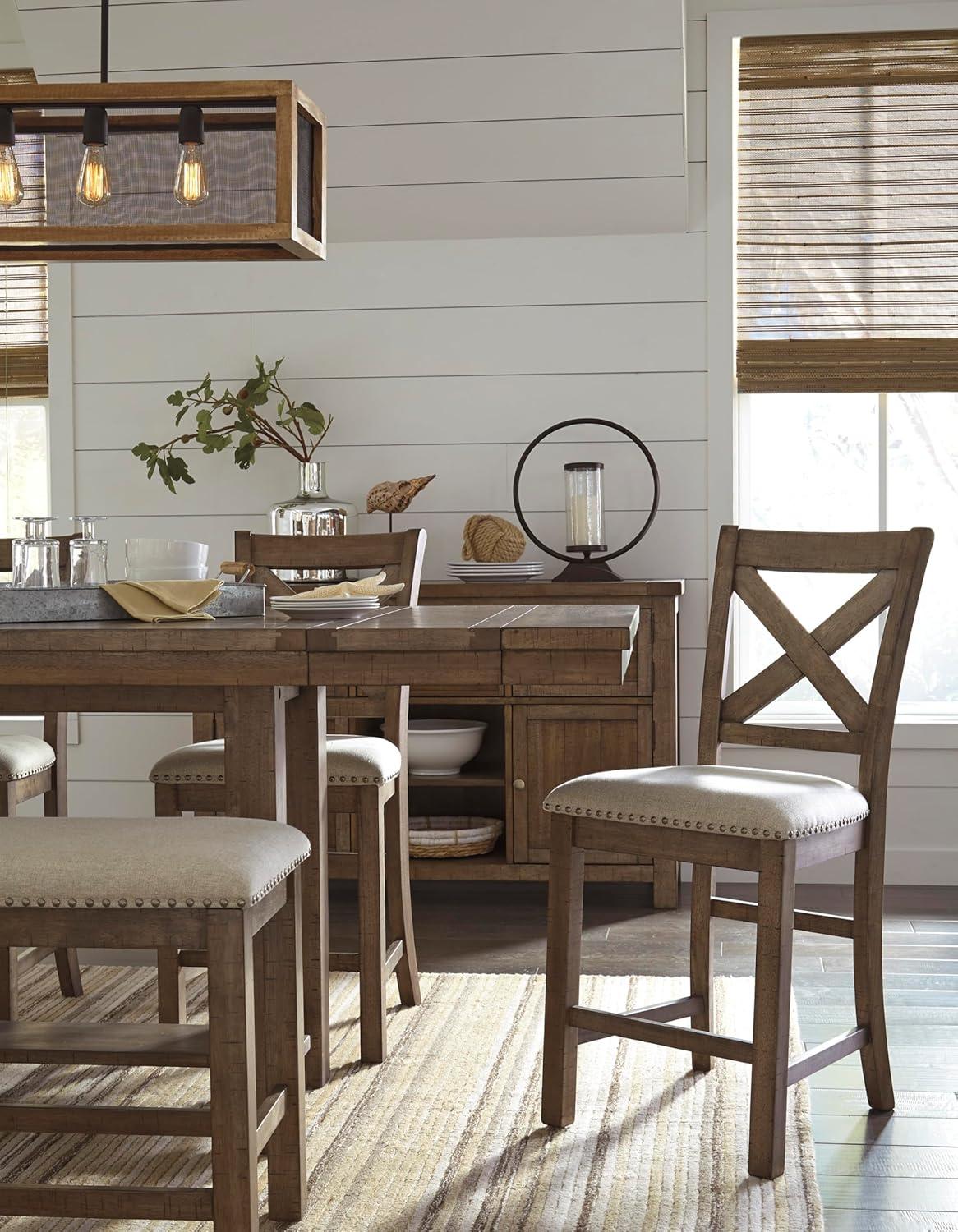 imageSignature Design by Ashley Robbinsdale Casual Removable Center Leaf Dining Extension Table with Trestle Base Wood Ash Veneer Tabletop with Planked Effect 2 Removable Center Leaves Seats 8 WhiteBrown