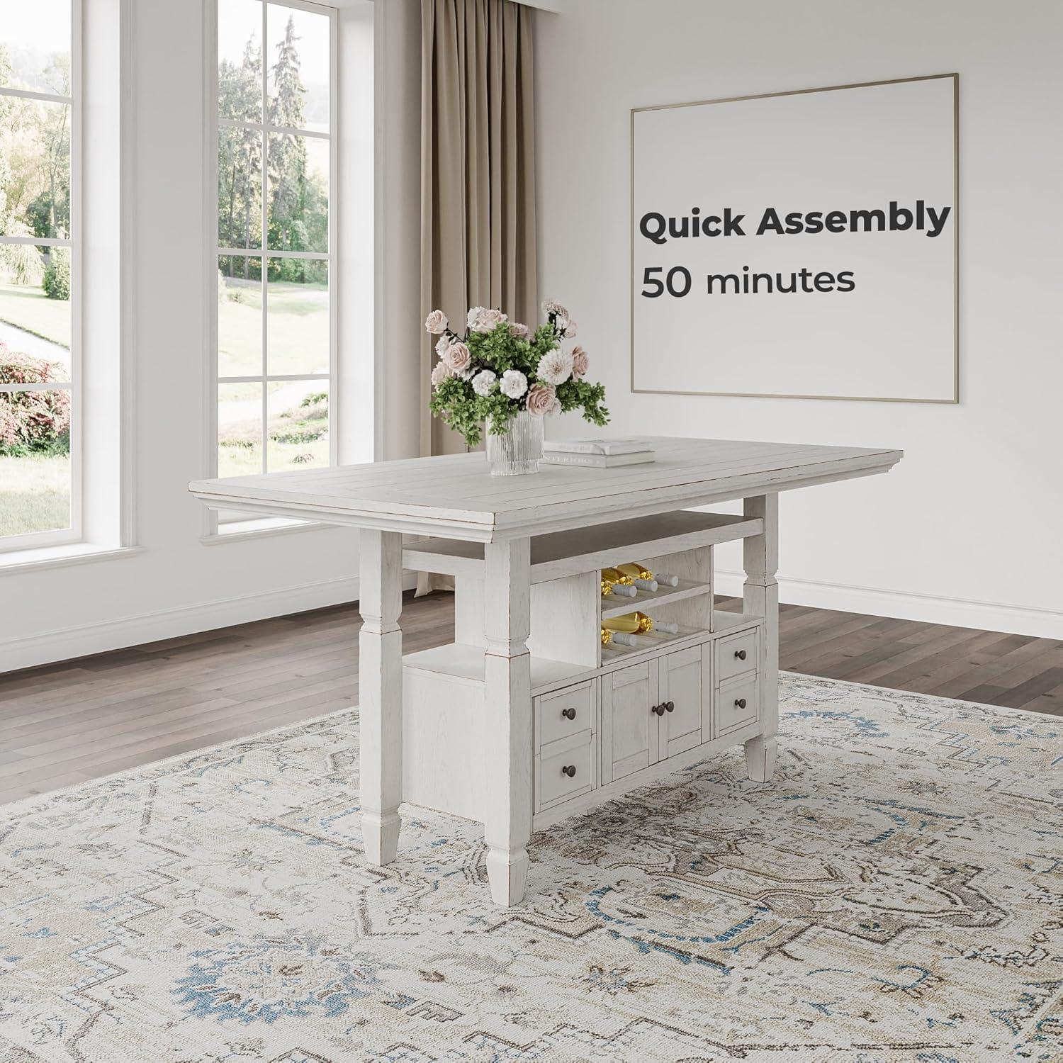 imageSignature Design by Ashley Robbinsdale Casual Removable Center Leaf Dining Extension Table with Trestle Base Wood Ash Veneer Tabletop with Planked Effect 2 Removable Center Leaves Seats 8 WhiteAntique White