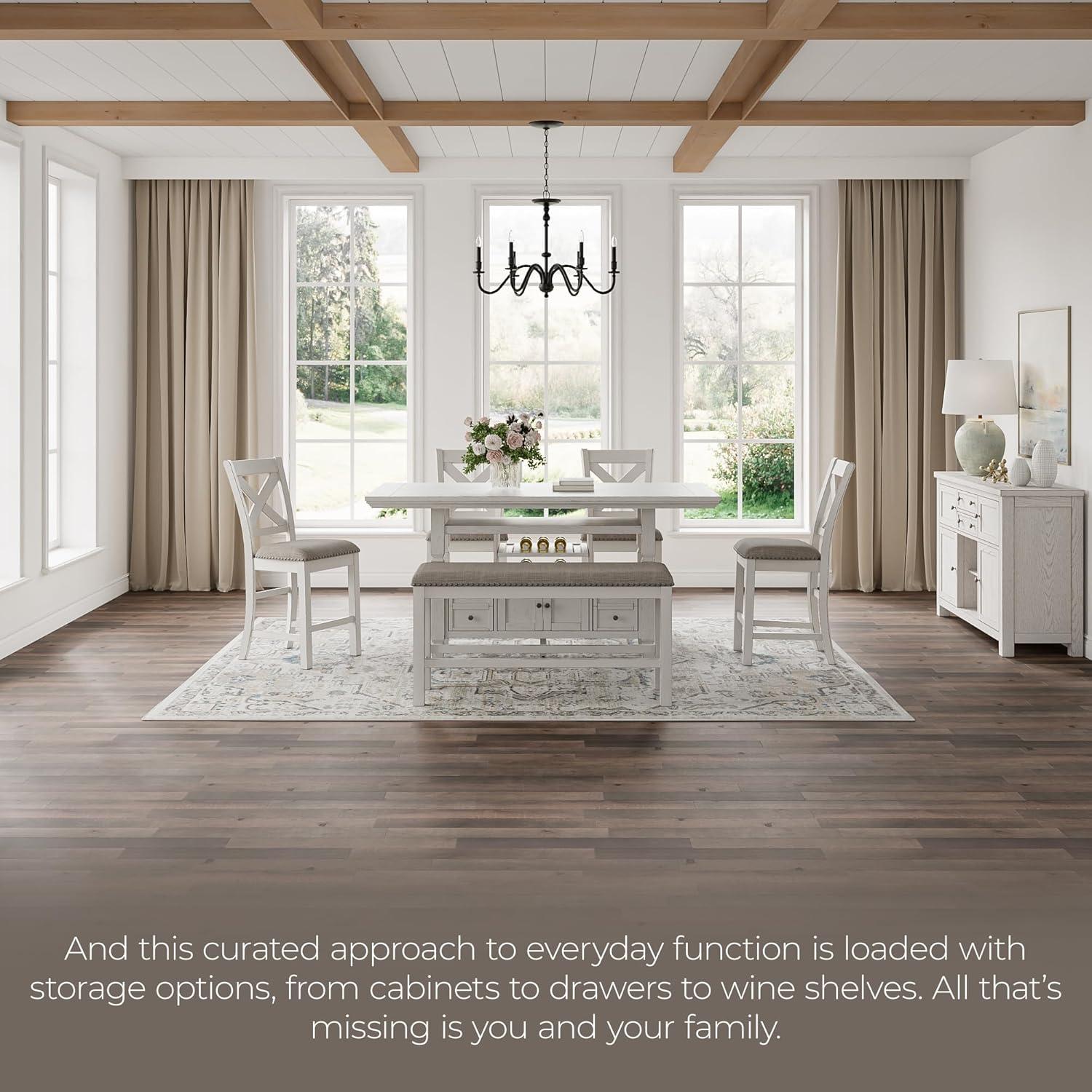 imageSignature Design by Ashley Robbinsdale Casual Removable Center Leaf Dining Extension Table with Trestle Base Wood Ash Veneer Tabletop with Planked Effect 2 Removable Center Leaves Seats 8 WhiteAntique White