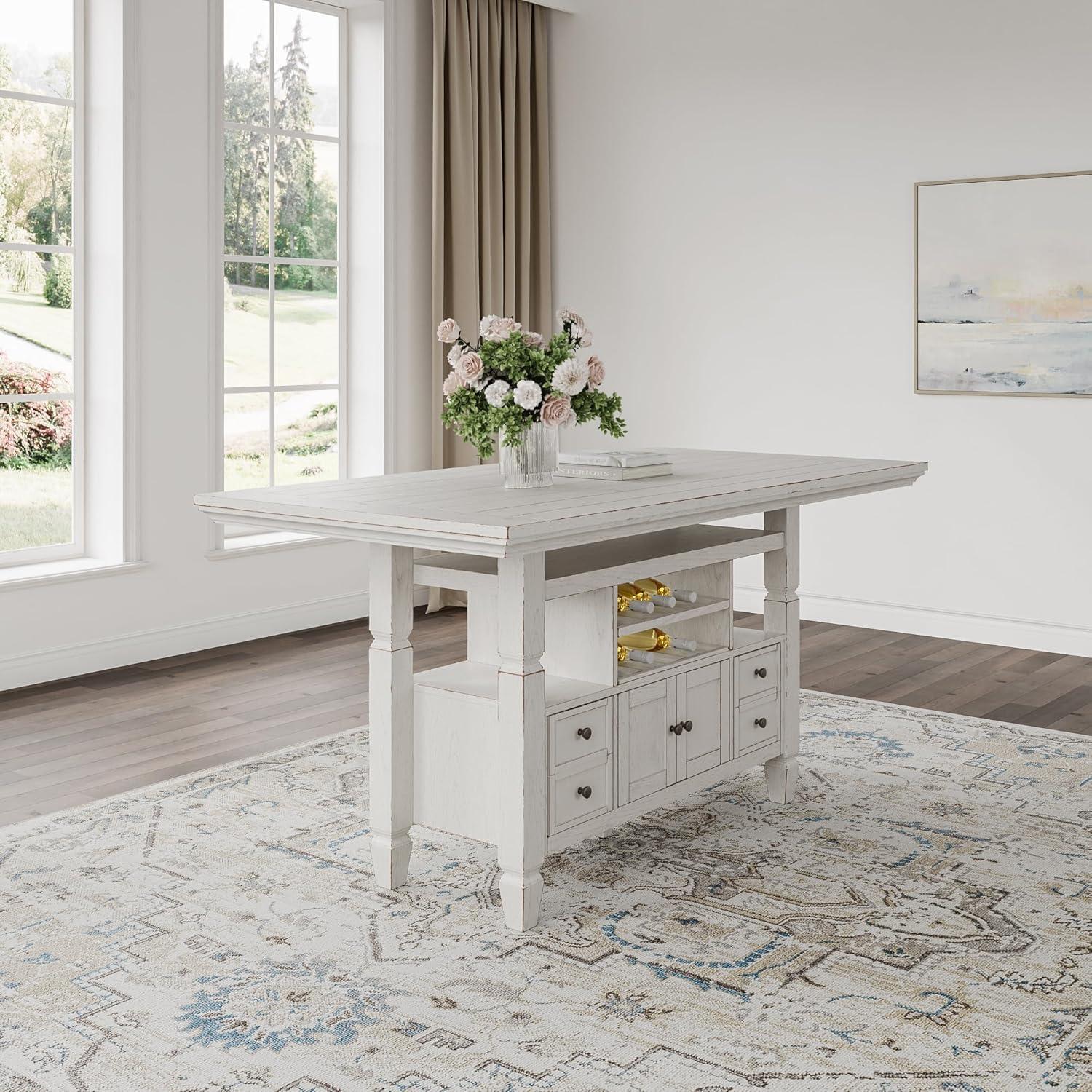 imageSignature Design by Ashley Robbinsdale Casual Removable Center Leaf Dining Extension Table with Trestle Base Wood Ash Veneer Tabletop with Planked Effect 2 Removable Center Leaves Seats 8 WhiteAntique White