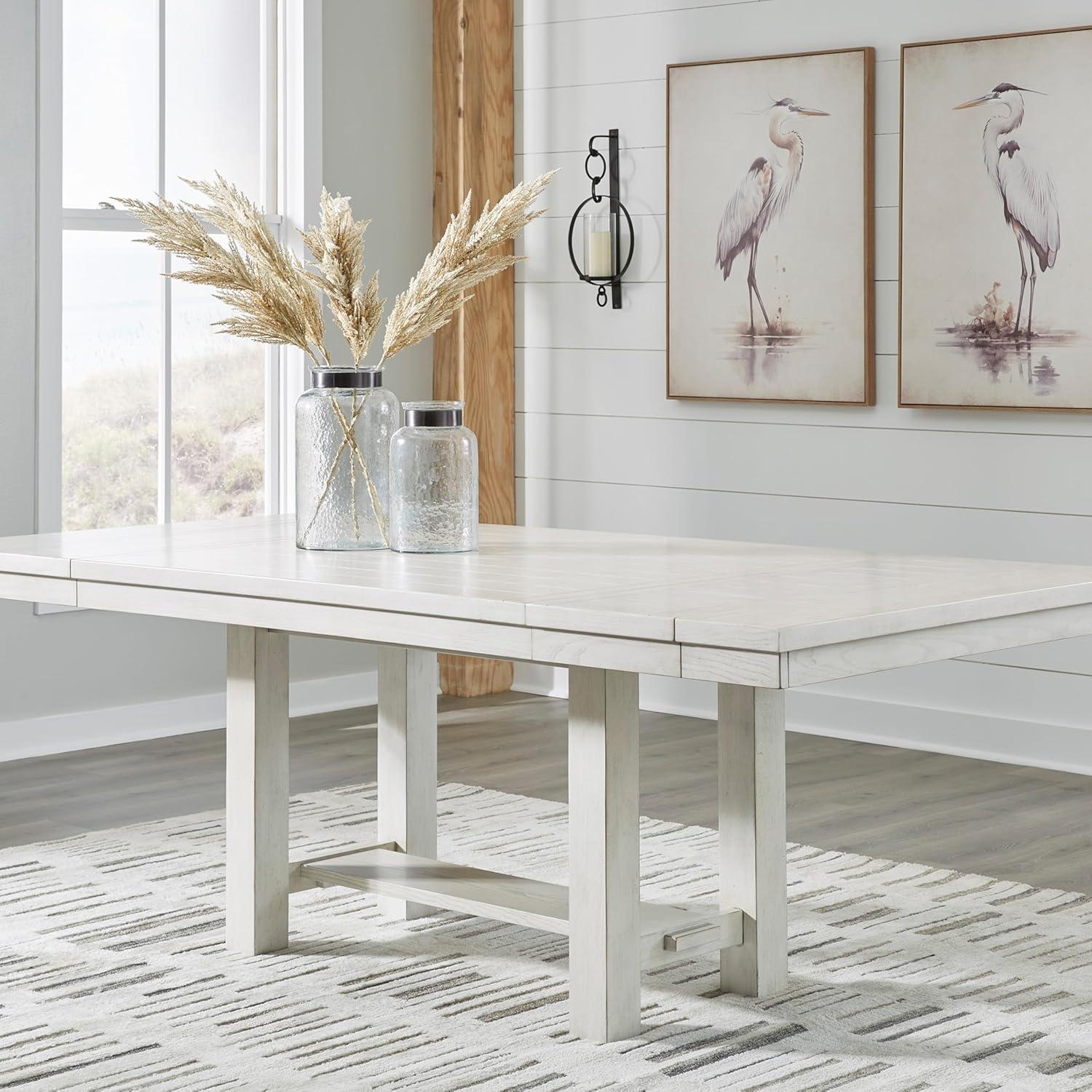 imageSignature Design by Ashley Robbinsdale Casual Removable Center Leaf Dining Extension Table with Trestle Base Wood Ash Veneer Tabletop with Planked Effect 2 Removable Center Leaves Seats 8 WhiteAntique White
