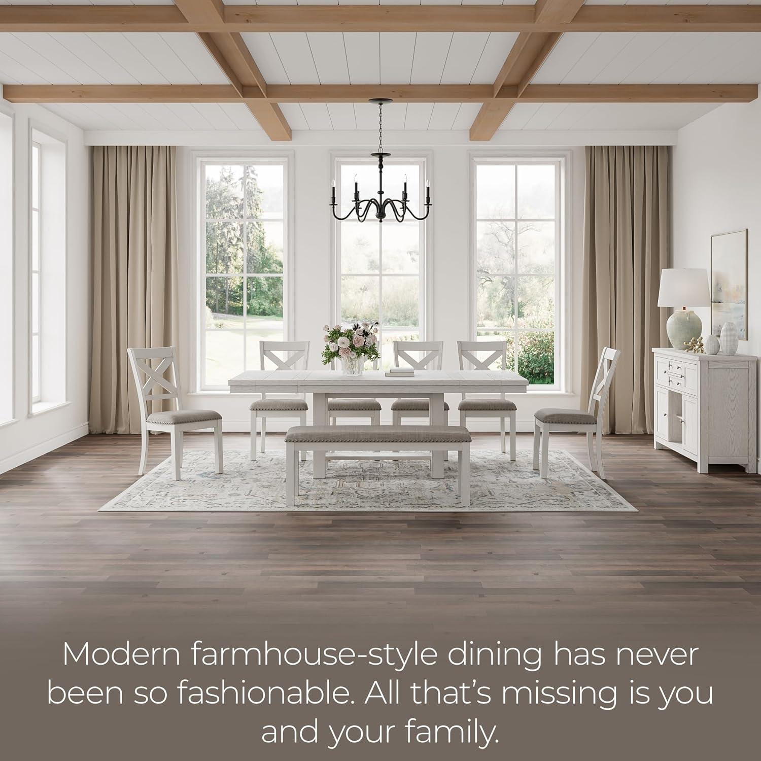imageSignature Design by Ashley Robbinsdale Casual Removable Center Leaf Dining Extension Table with Trestle Base Wood Ash Veneer Tabletop with Planked Effect 2 Removable Center Leaves Seats 8 WhiteAntique White