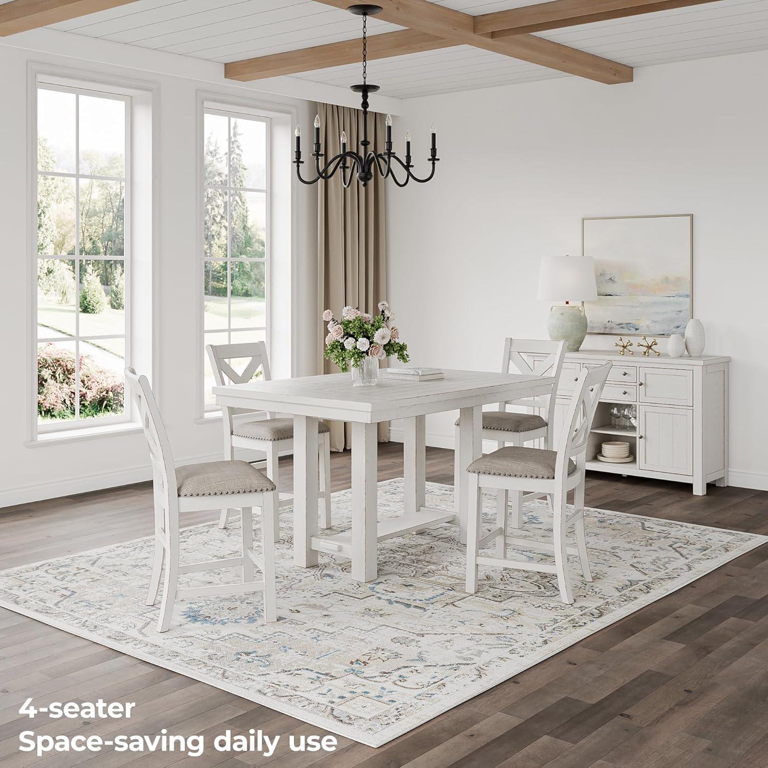 imageSignature Design by Ashley Robbinsdale Casual Removable Center Leaf Dining Extension Table with Trestle Base Wood Ash Veneer Tabletop with Planked Effect 2 Removable Center Leaves Seats 8 WhiteWhite