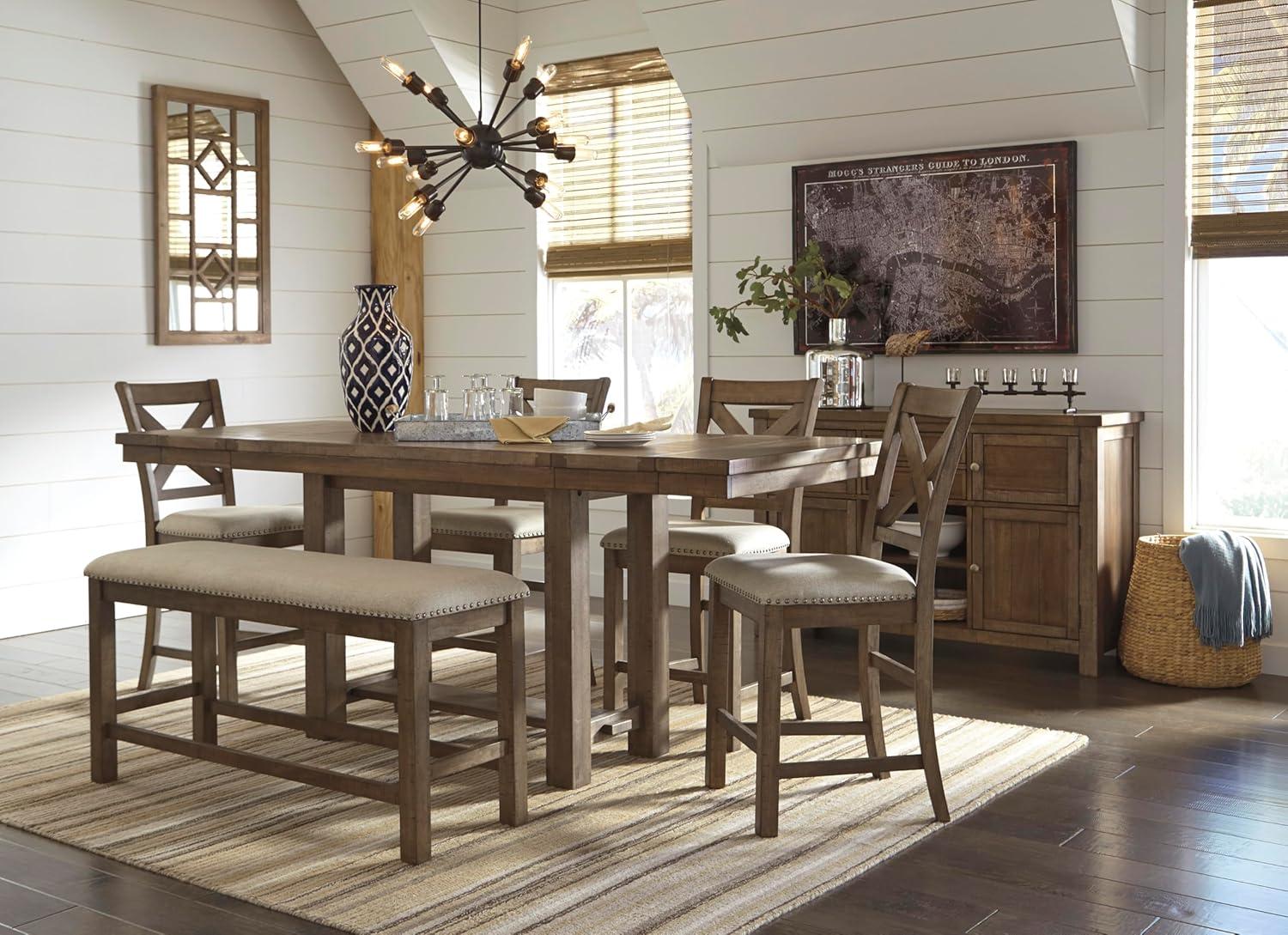 imageSignature Design by Ashley Robbinsdale Casual Removable Center Leaf Dining Extension Table with Trestle Base Wood Ash Veneer Tabletop with Planked Effect 2 Removable Center Leaves Seats 8 WhiteBrown