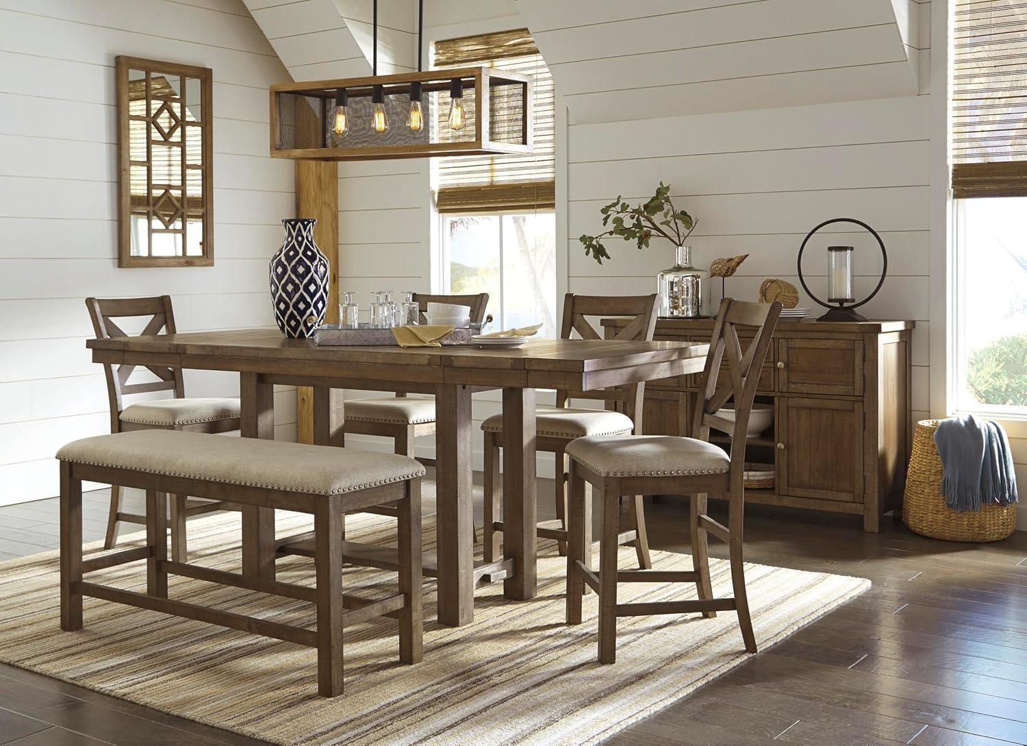imageSignature Design by Ashley Robbinsdale Casual Removable Center Leaf Dining Extension Table with Trestle Base Wood Ash Veneer Tabletop with Planked Effect 2 Removable Center Leaves Seats 8 WhiteBrown