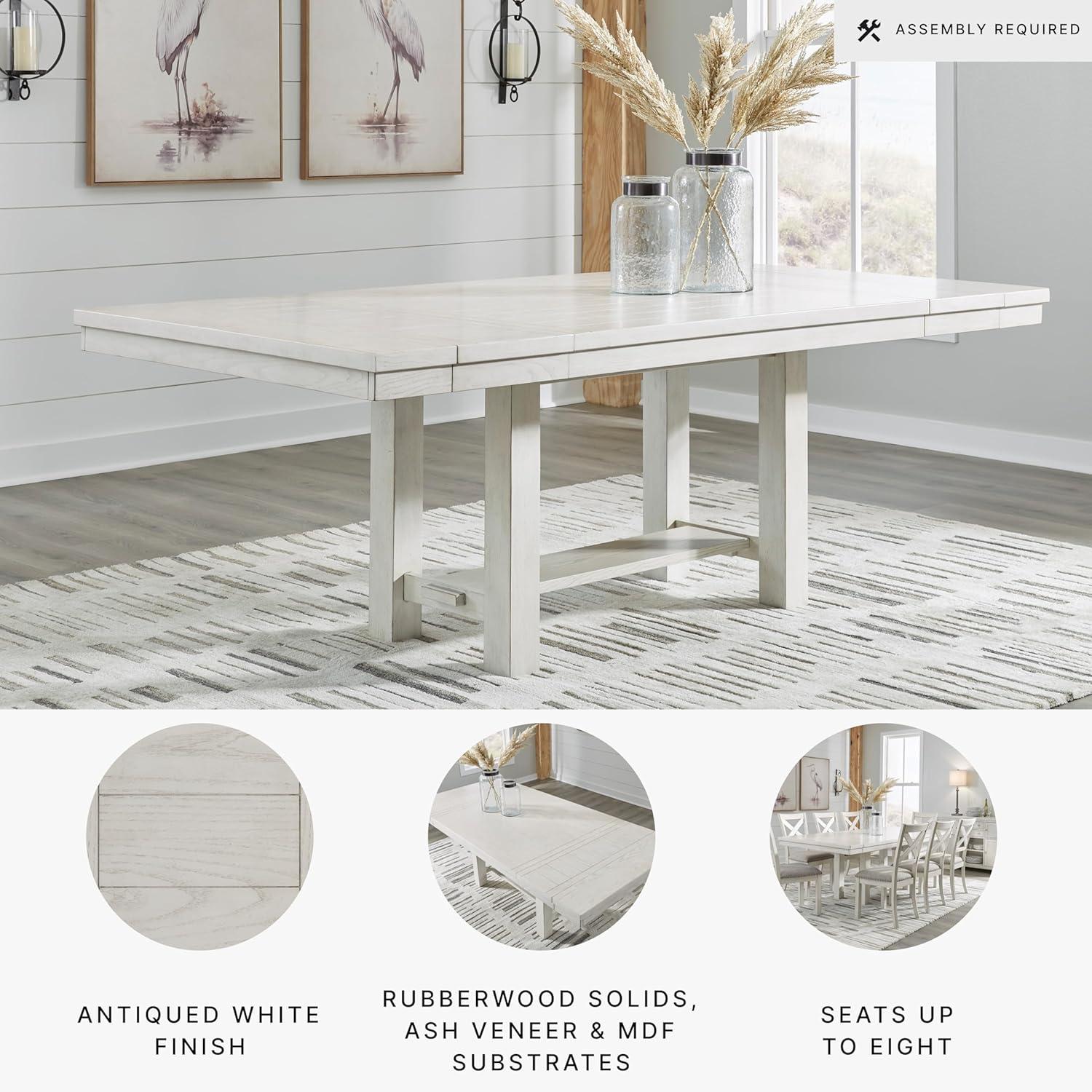 imageSignature Design by Ashley Robbinsdale Casual Removable Center Leaf Dining Extension Table with Trestle Base Wood Ash Veneer Tabletop with Planked Effect 2 Removable Center Leaves Seats 8 WhiteAntique White