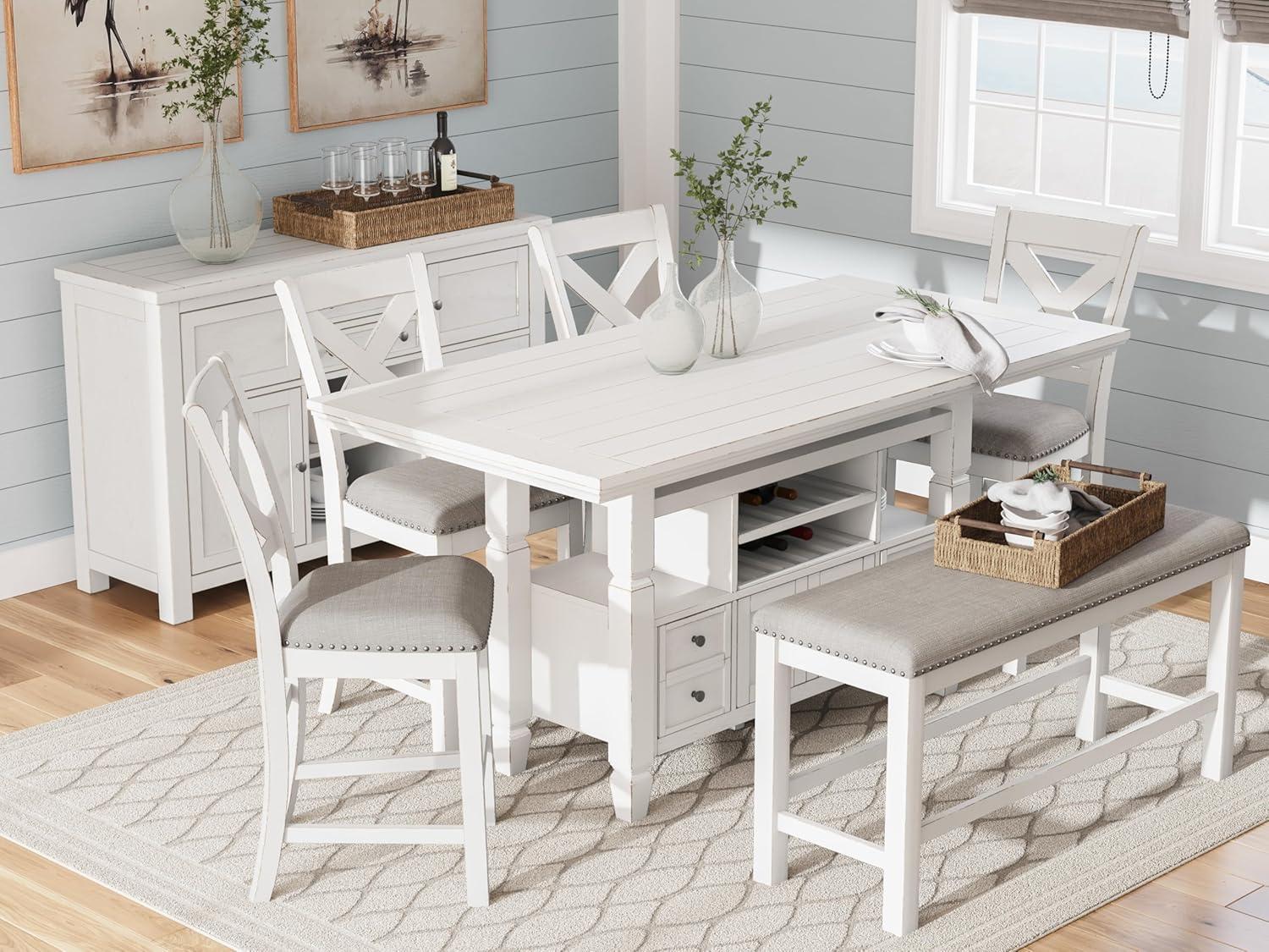 imageSignature Design by Ashley Robbinsdale Casual Removable Center Leaf Dining Extension Table with Trestle Base Wood Ash Veneer Tabletop with Planked Effect 2 Removable Center Leaves Seats 8 WhiteAntique White