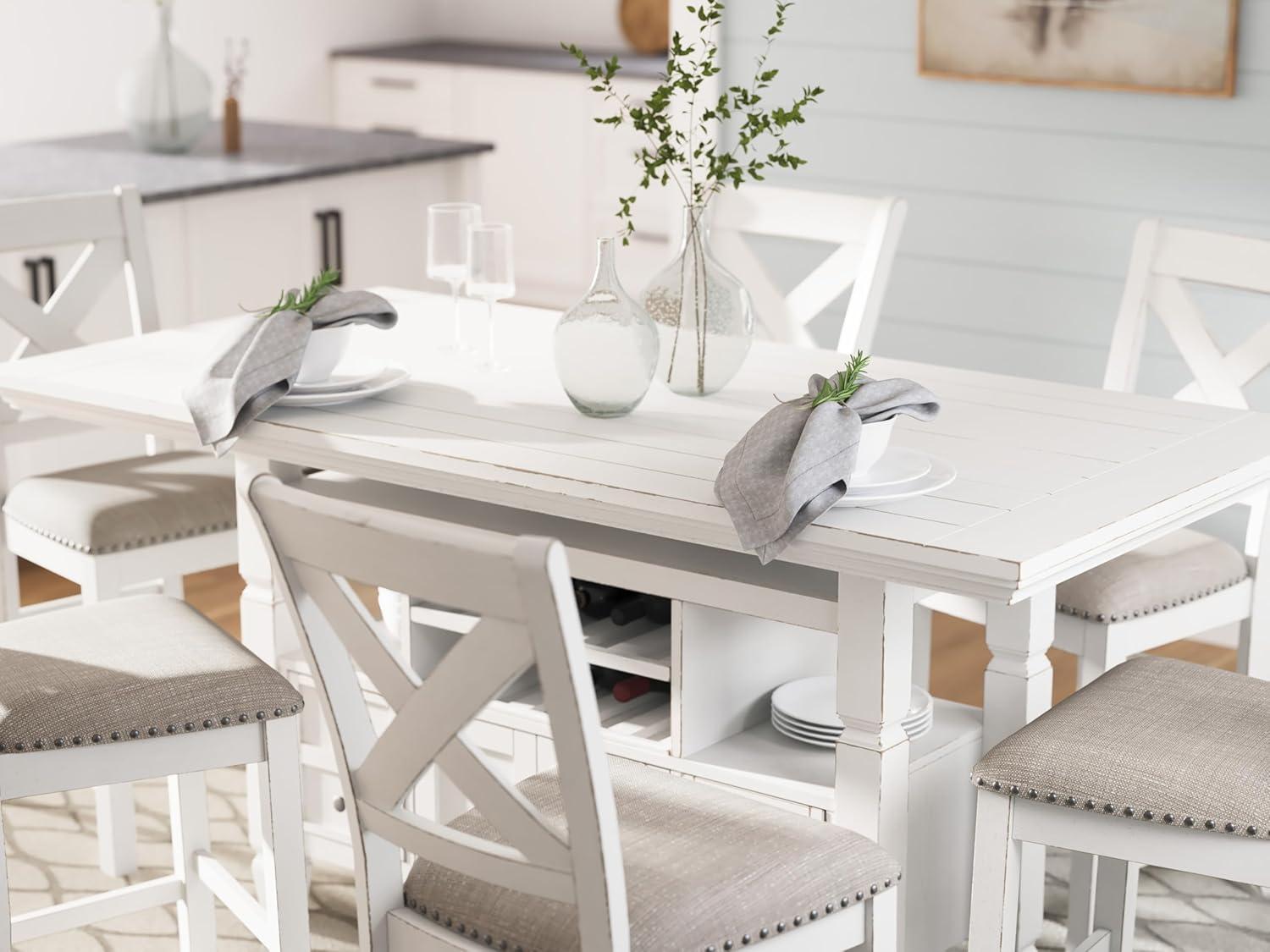 imageSignature Design by Ashley Robbinsdale Casual Removable Center Leaf Dining Extension Table with Trestle Base Wood Ash Veneer Tabletop with Planked Effect 2 Removable Center Leaves Seats 8 WhiteAntique White