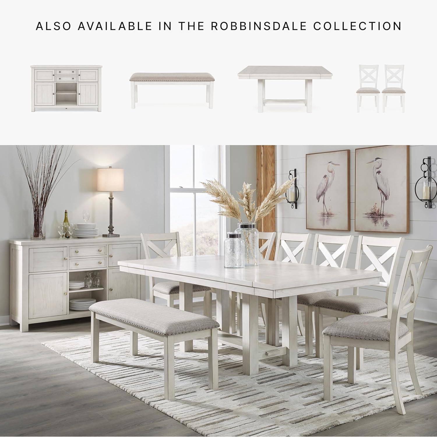 imageSignature Design by Ashley Robbinsdale Casual Removable Center Leaf Dining Extension Table with Trestle Base Wood Ash Veneer Tabletop with Planked Effect 2 Removable Center Leaves Seats 8 WhiteAntique White