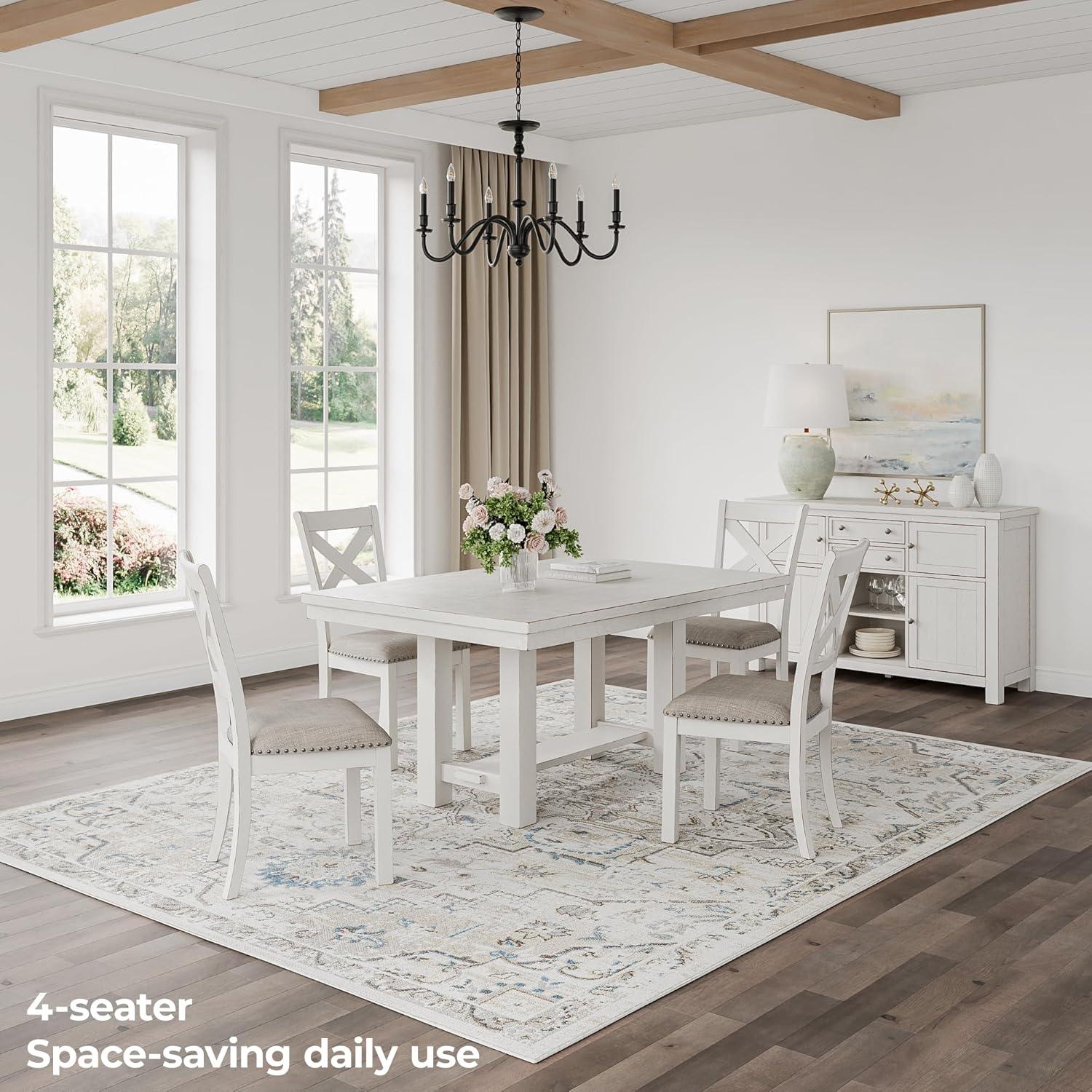 imageSignature Design by Ashley Robbinsdale Casual Removable Center Leaf Dining Extension Table with Trestle Base Wood Ash Veneer Tabletop with Planked Effect 2 Removable Center Leaves Seats 8 WhiteAntique White