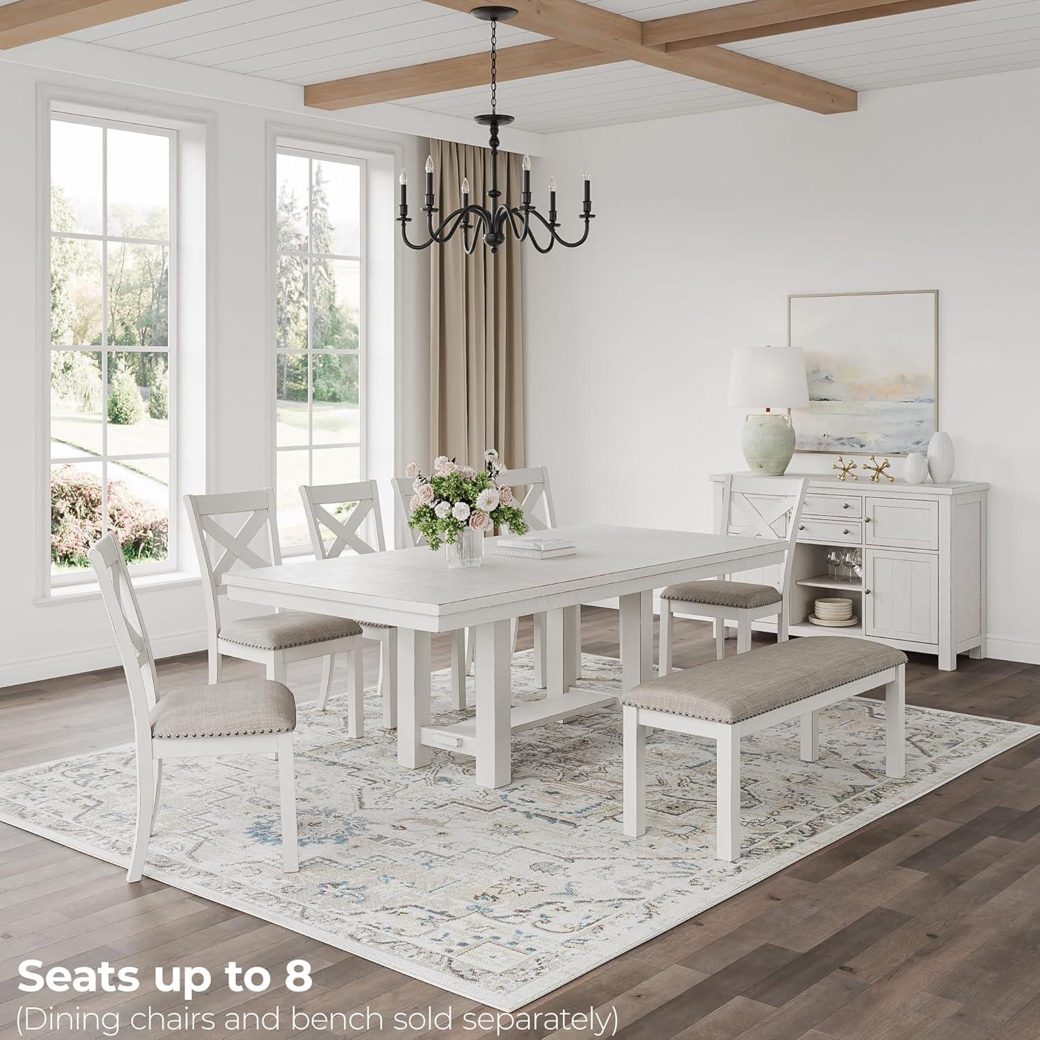 imageSignature Design by Ashley Robbinsdale Casual Removable Center Leaf Dining Extension Table with Trestle Base Wood Ash Veneer Tabletop with Planked Effect 2 Removable Center Leaves Seats 8 WhiteAntique White