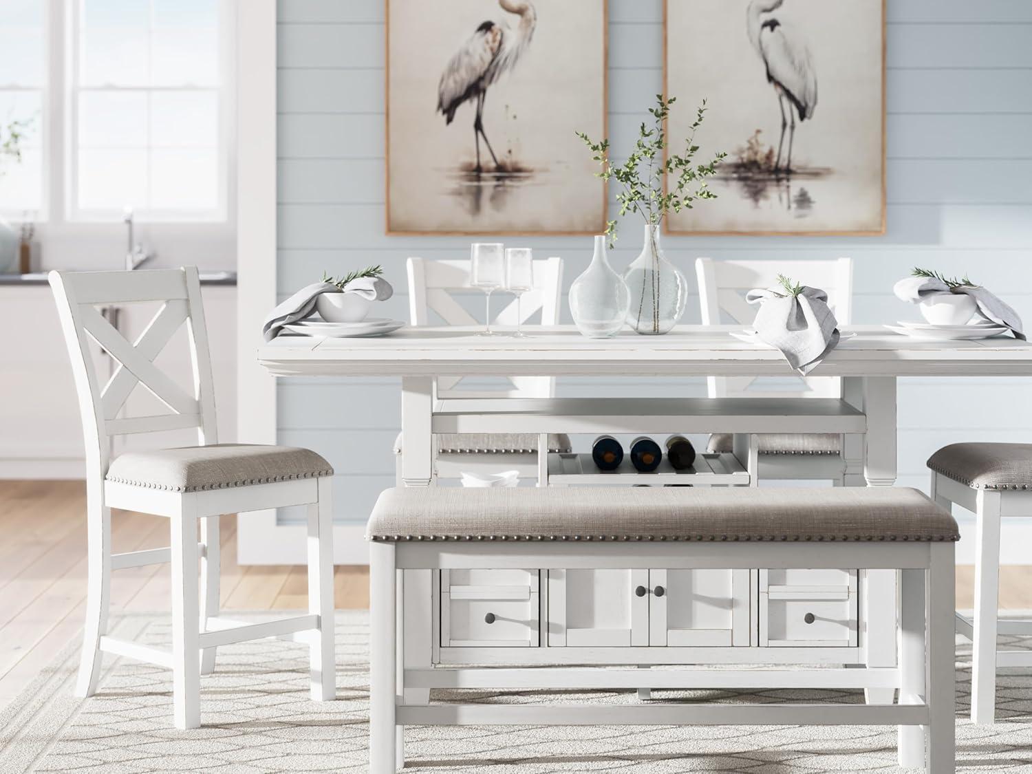 imageSignature Design by Ashley Robbinsdale Casual Removable Center Leaf Dining Extension Table with Trestle Base Wood Ash Veneer Tabletop with Planked Effect 2 Removable Center Leaves Seats 8 WhiteAntique White