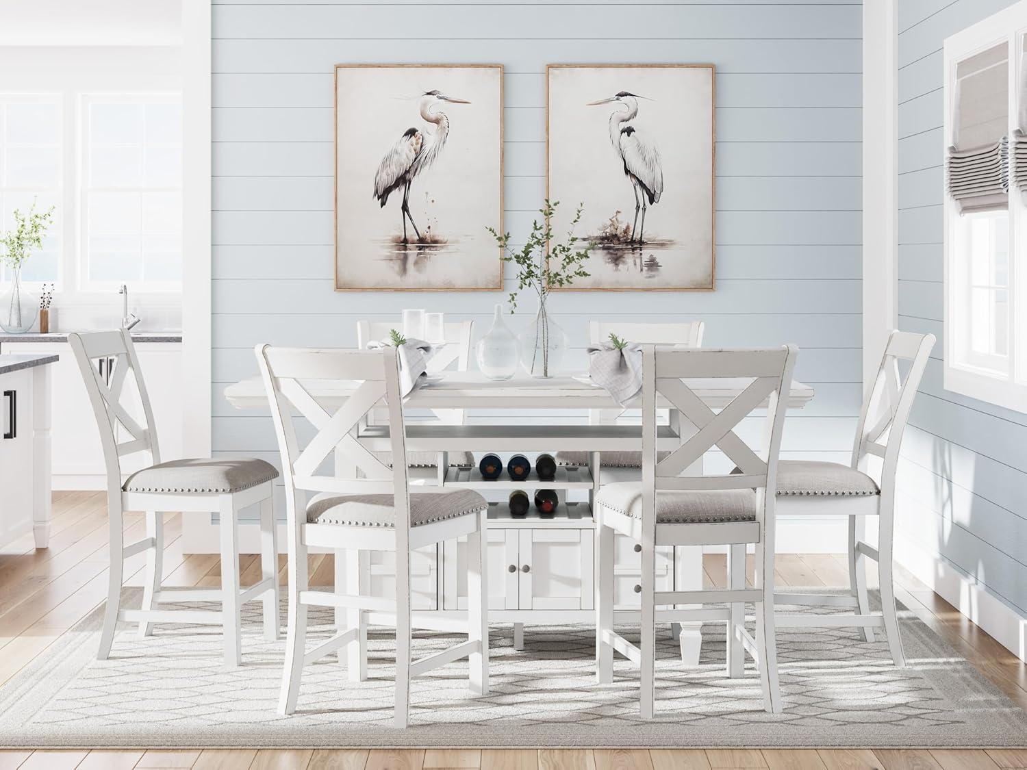 imageSignature Design by Ashley Robbinsdale Casual Removable Center Leaf Dining Extension Table with Trestle Base Wood Ash Veneer Tabletop with Planked Effect 2 Removable Center Leaves Seats 8 WhiteAntique White