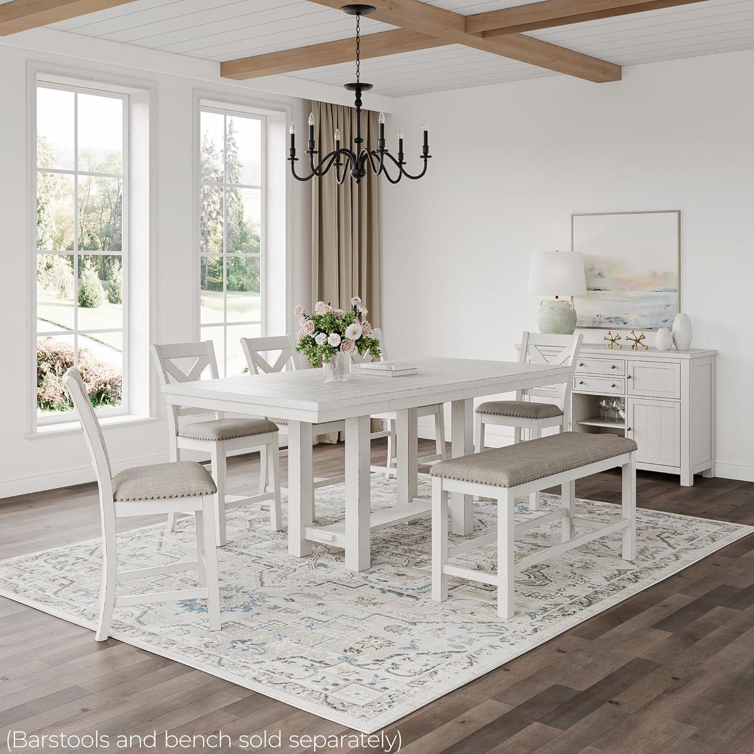 imageSignature Design by Ashley Robbinsdale Casual Removable Center Leaf Dining Extension Table with Trestle Base Wood Ash Veneer Tabletop with Planked Effect 2 Removable Center Leaves Seats 8 WhiteWhite