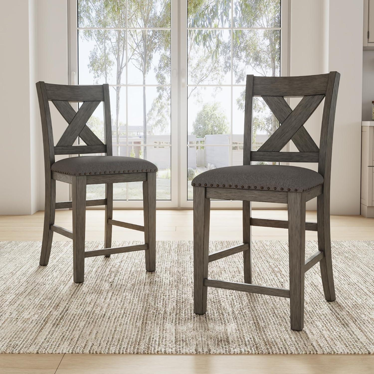 imageSignature Design by Ashley Robbinsdale Farmhouse Upholstered Barstool Set of 2 XBack Nailhead Trim Wood 2475quot H White ampamp Light GrayDark Gray