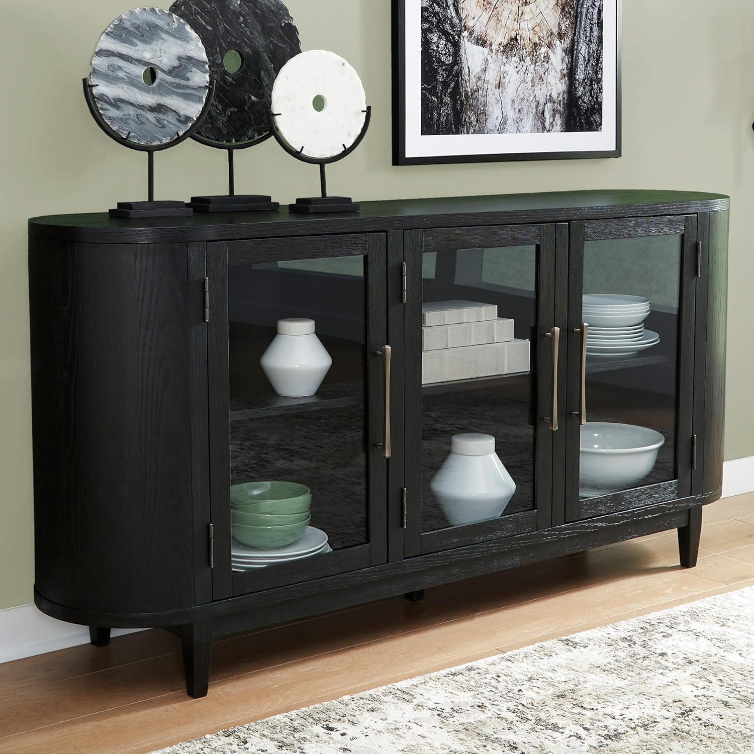 imageSignature Design by Ashley Rowanbeck Modern Glass Dining Server with 2 Adjustable Shelves and Tapered Legs Black ampamp Gray