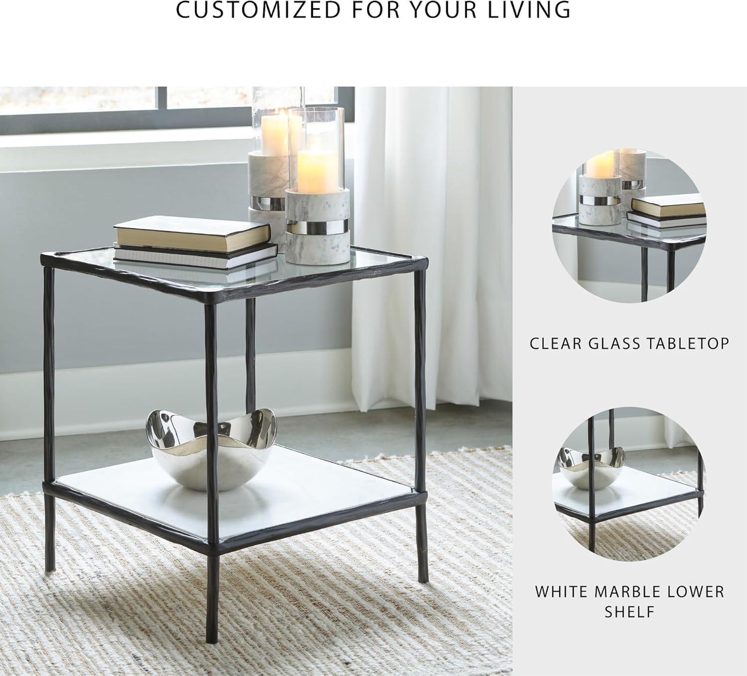 imageSignature Design by Ashley Ryandale Contemporary Accent Table Glass Top Aluminum Frame ampamp Marble Shelf Antique Brass FinishAntique Black