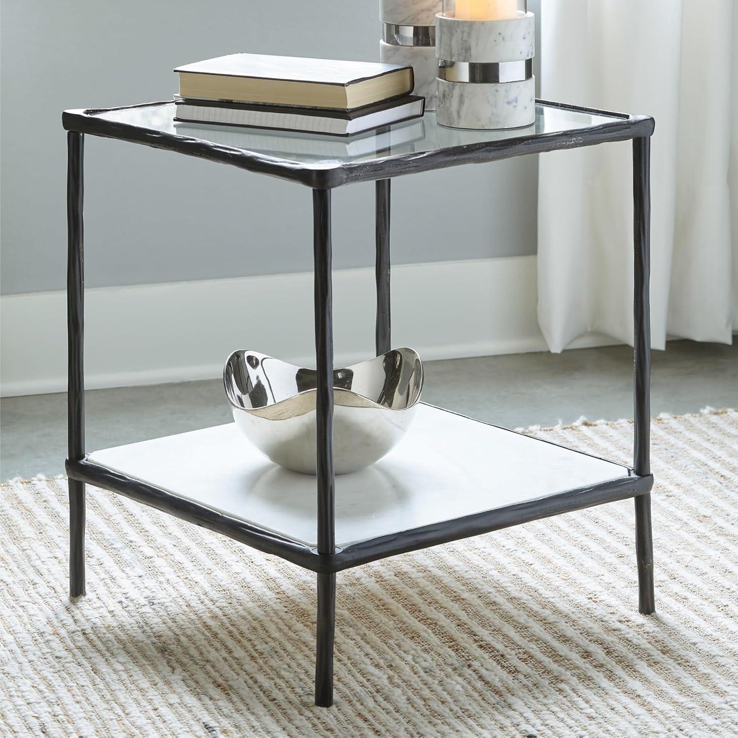 imageSignature Design by Ashley Ryandale Contemporary Accent Table Glass Top Aluminum Frame ampamp Marble Shelf Antique Brass FinishAntique Black