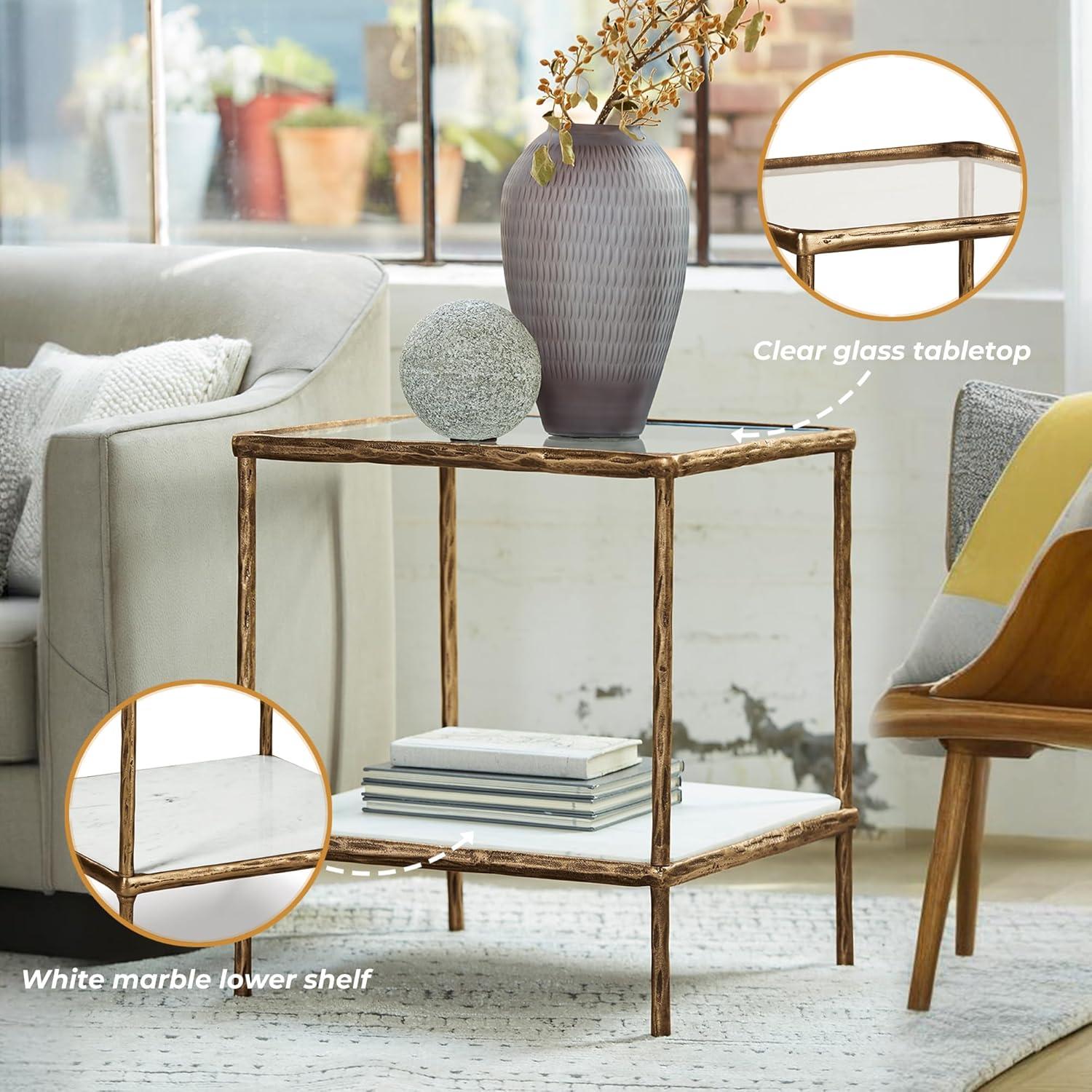 imageSignature Design by Ashley Ryandale Contemporary Accent Table Glass Top Aluminum Frame ampamp Marble Shelf Antique Brass FinishAntique Brass Finish