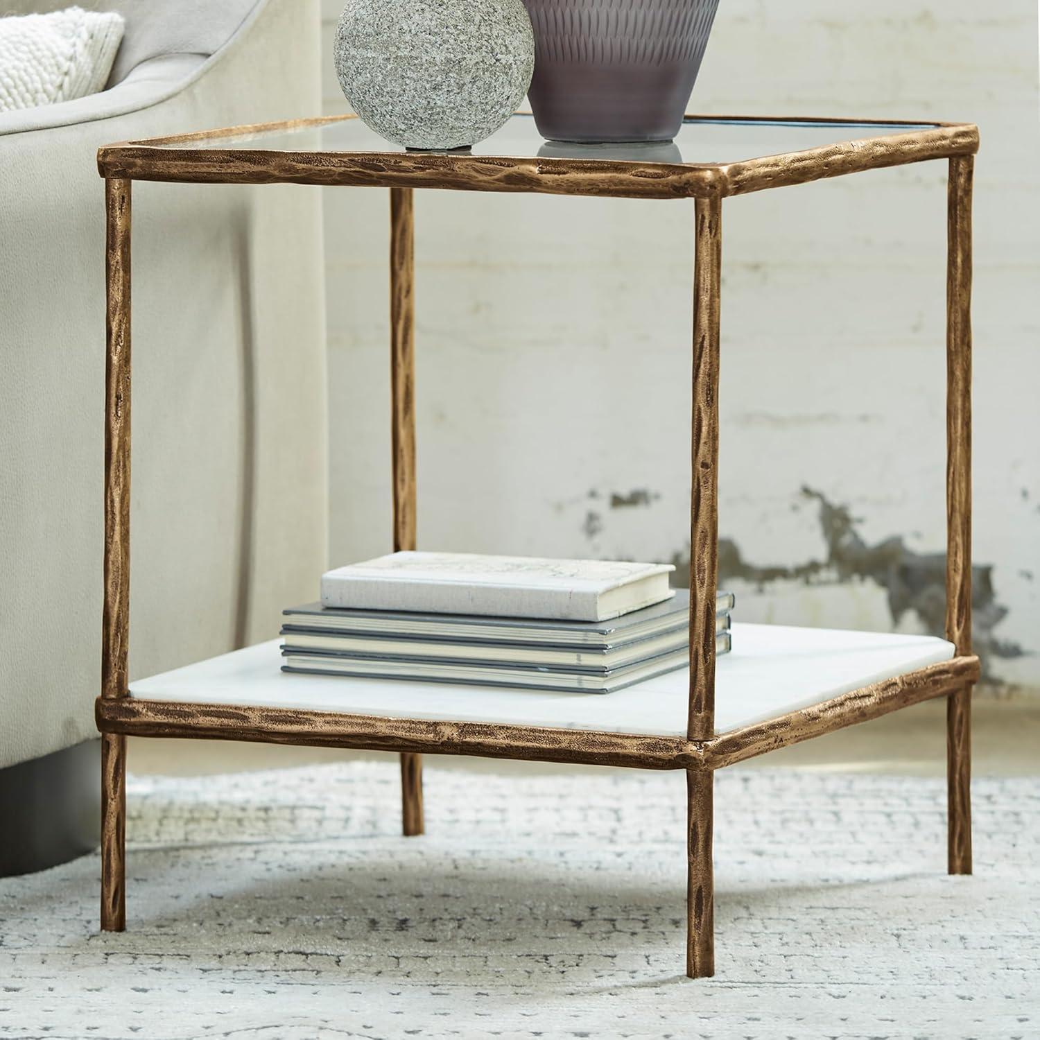 imageSignature Design by Ashley Ryandale Contemporary Accent Table Glass Top Aluminum Frame ampamp Marble Shelf Antique Brass FinishAntique Brass Finish
