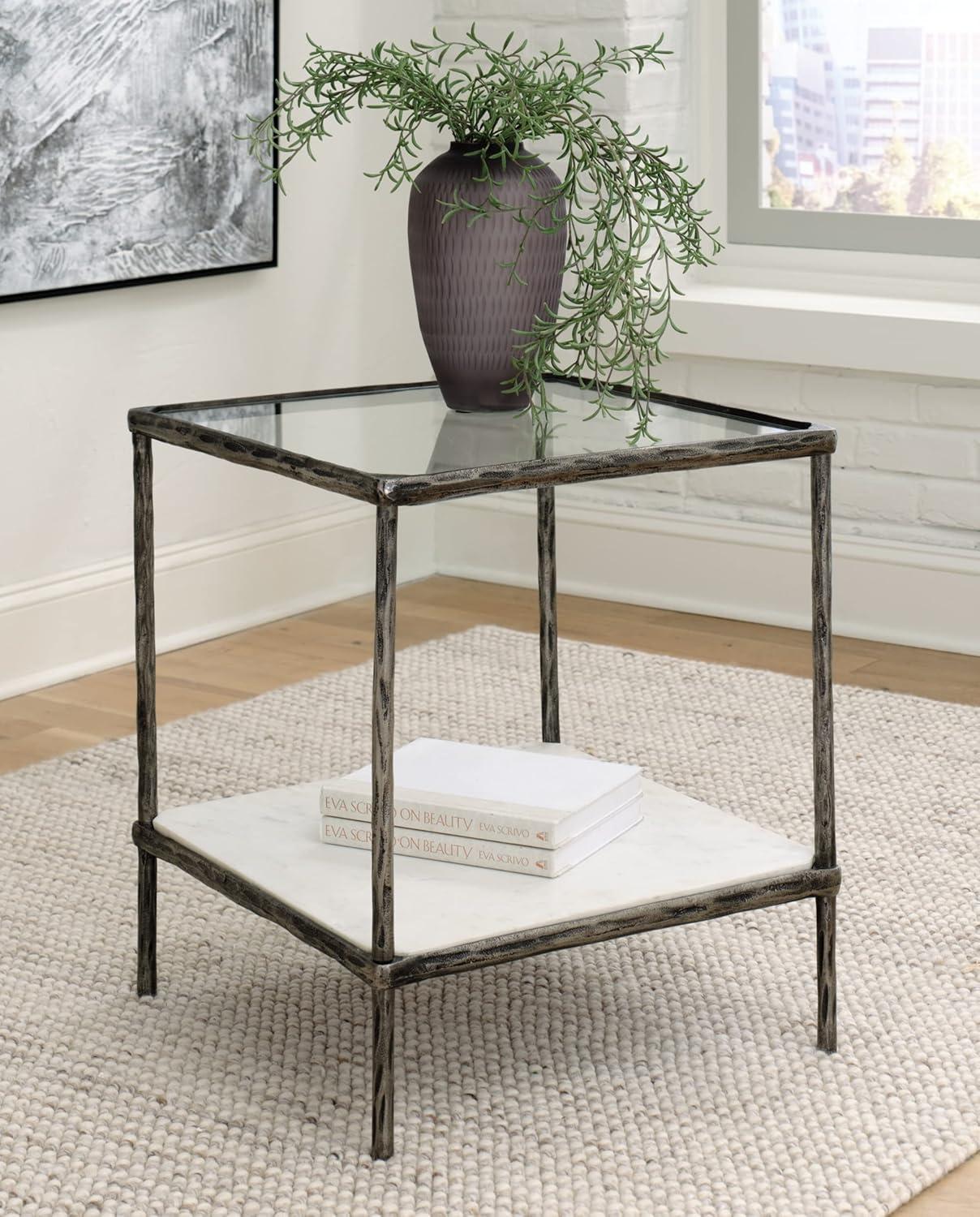 imageSignature Design by Ashley Ryandale Contemporary Accent Table Glass Top Aluminum Frame ampamp Marble Shelf Antique Brass FinishAntique Pewter Finish
