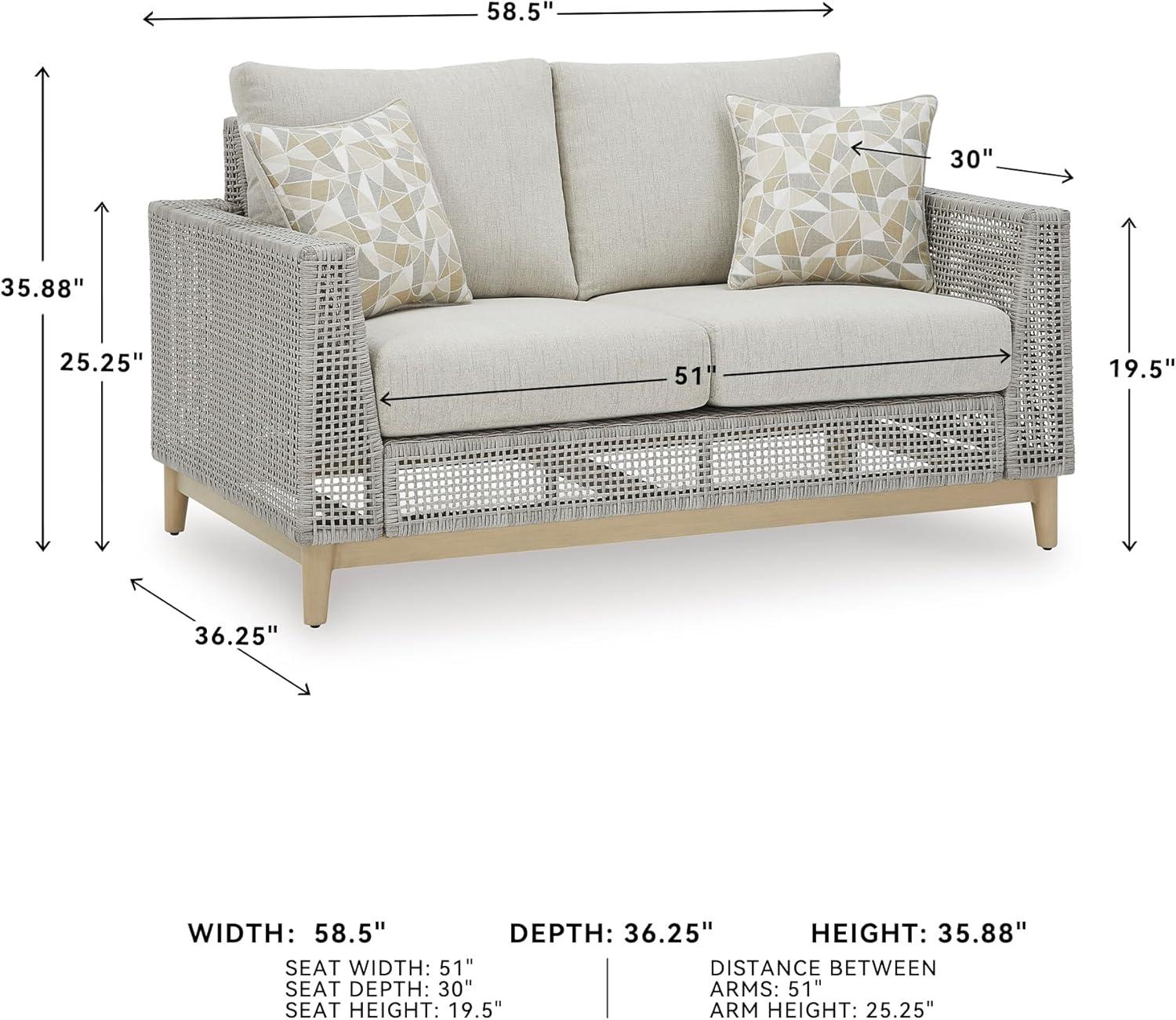imageSignature Design by Ashley Seton Creek Cottage Nuvella Weather Resistant Fabric Outdoor Loveseat with Cushion and 2 Throw Pillows Light Brown ampamp Light GrayOutdoor Loveseat with Cushion