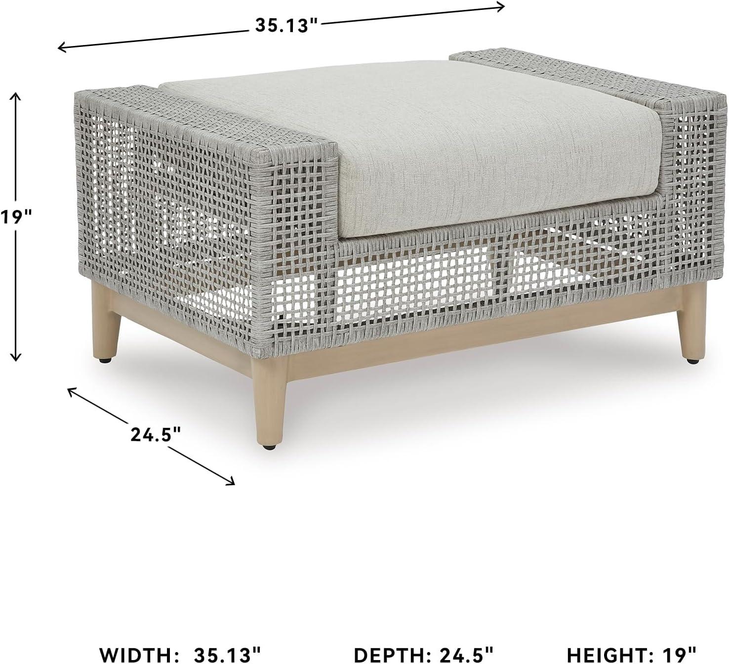 imageSignature Design by Ashley Seton Creek Cottage Nuvella Weather Resistant Fabric Outdoor Loveseat with Cushion and 2 Throw Pillows Light Brown ampamp Light GrayOutdoor Ottoman with Cushion