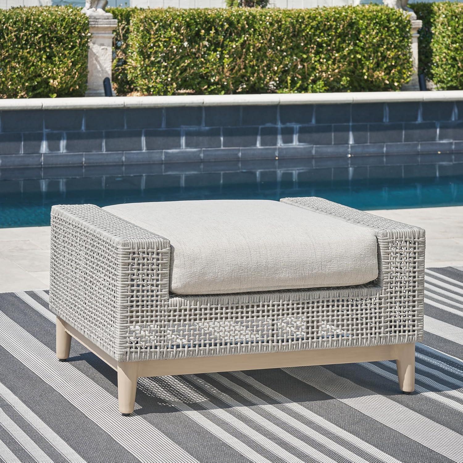 imageSignature Design by Ashley Seton Creek Cottage Nuvella Weather Resistant Fabric Outdoor Loveseat with Cushion and 2 Throw Pillows Light Brown ampamp Light GrayOutdoor Ottoman with Cushion