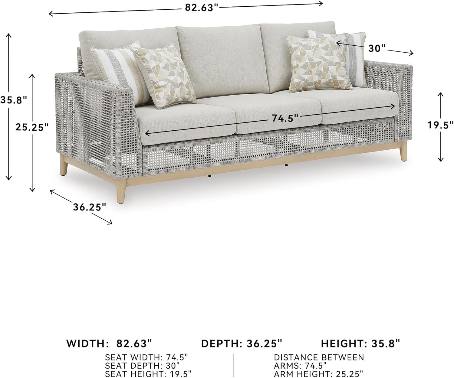 imageSignature Design by Ashley Seton Creek Cottage Nuvella Weather Resistant Fabric Outdoor Loveseat with Cushion and 2 Throw Pillows Light Brown ampamp Light GrayOutdoor Sofa with Cushion