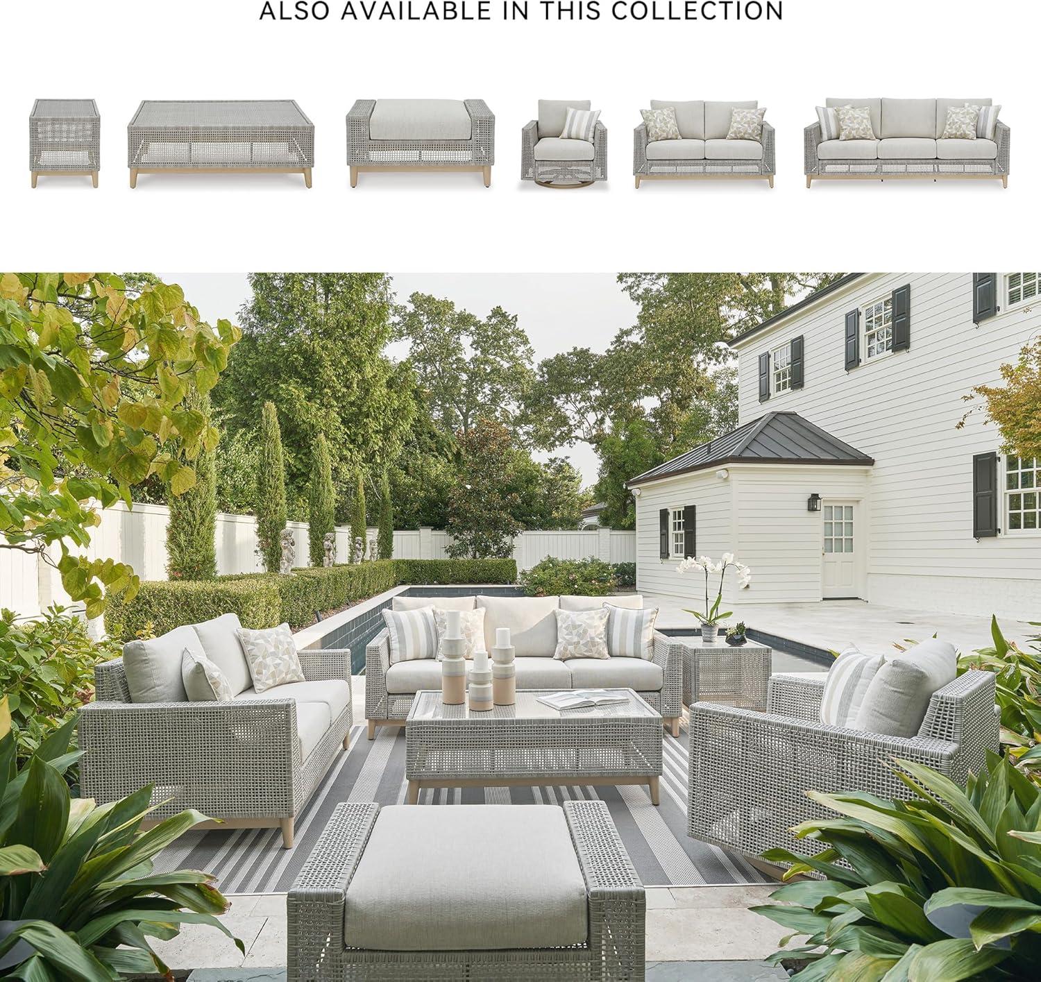 imageSignature Design by Ashley Seton Creek Cottage Nuvella Weather Resistant Fabric Outdoor Loveseat with Cushion and 2 Throw Pillows Light Brown ampamp Light GrayOutdoor Sofa with Cushion