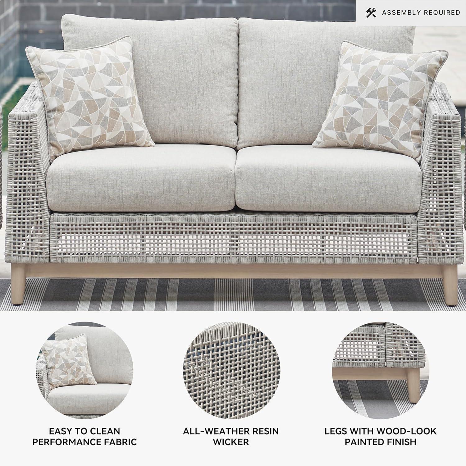 imageSignature Design by Ashley Seton Creek Cottage Nuvella Weather Resistant Fabric Outdoor Loveseat with Cushion and 2 Throw Pillows Light Brown ampamp Light GrayOutdoor Loveseat with Cushion