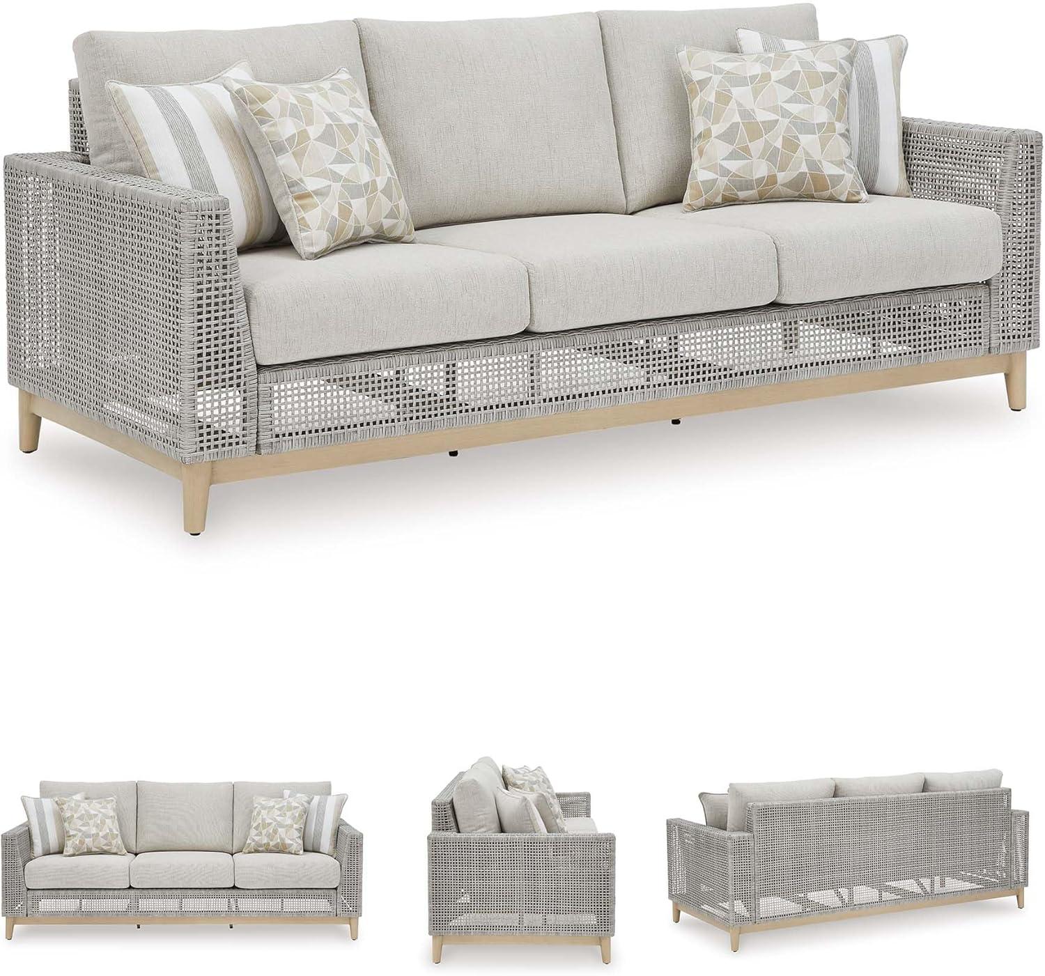 imageSignature Design by Ashley Seton Creek Cottage Nuvella Weather Resistant Fabric Outdoor Loveseat with Cushion and 2 Throw Pillows Light Brown ampamp Light GrayOutdoor Sofa with Cushion