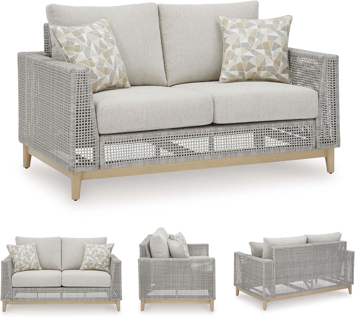 imageSignature Design by Ashley Seton Creek Cottage Nuvella Weather Resistant Fabric Outdoor Loveseat with Cushion and 2 Throw Pillows Light Brown ampamp Light GrayOutdoor Loveseat with Cushion