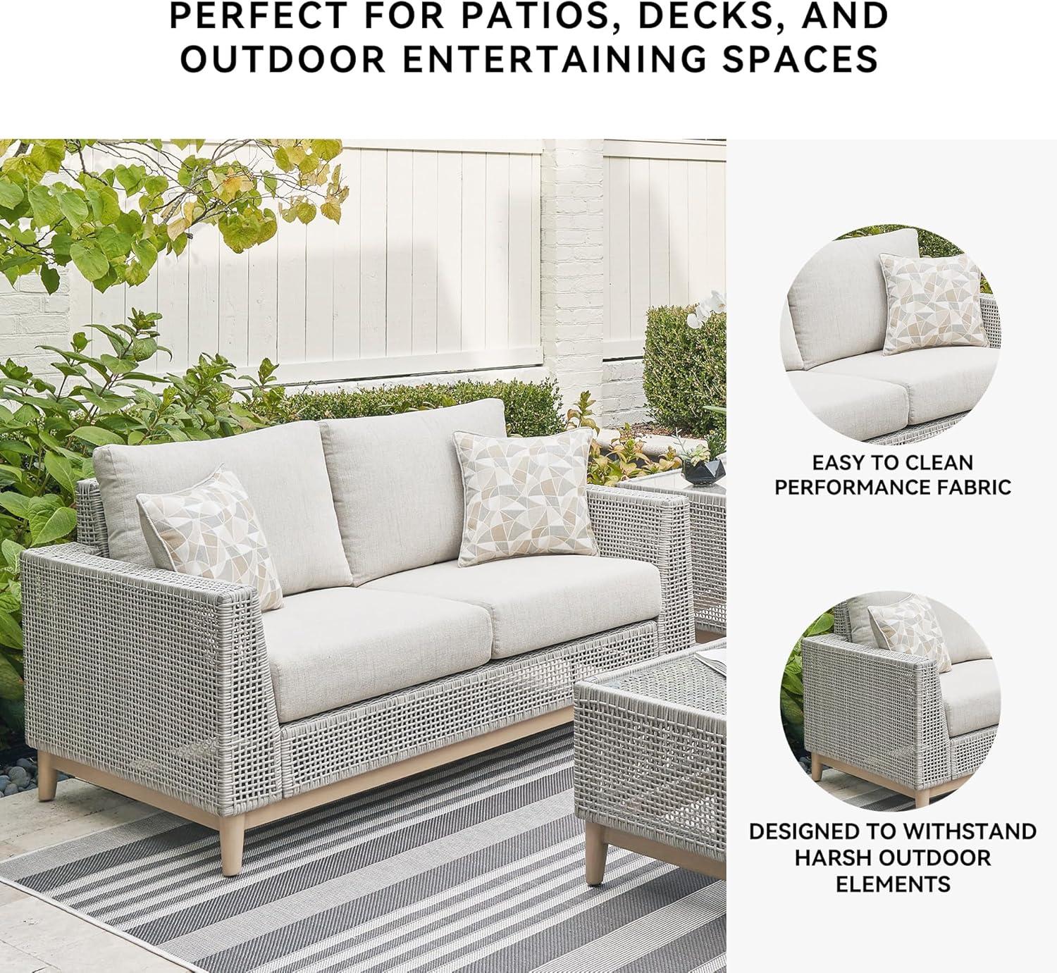 imageSignature Design by Ashley Seton Creek Cottage Nuvella Weather Resistant Fabric Outdoor Loveseat with Cushion and 2 Throw Pillows Light Brown ampamp Light GrayOutdoor Loveseat with Cushion