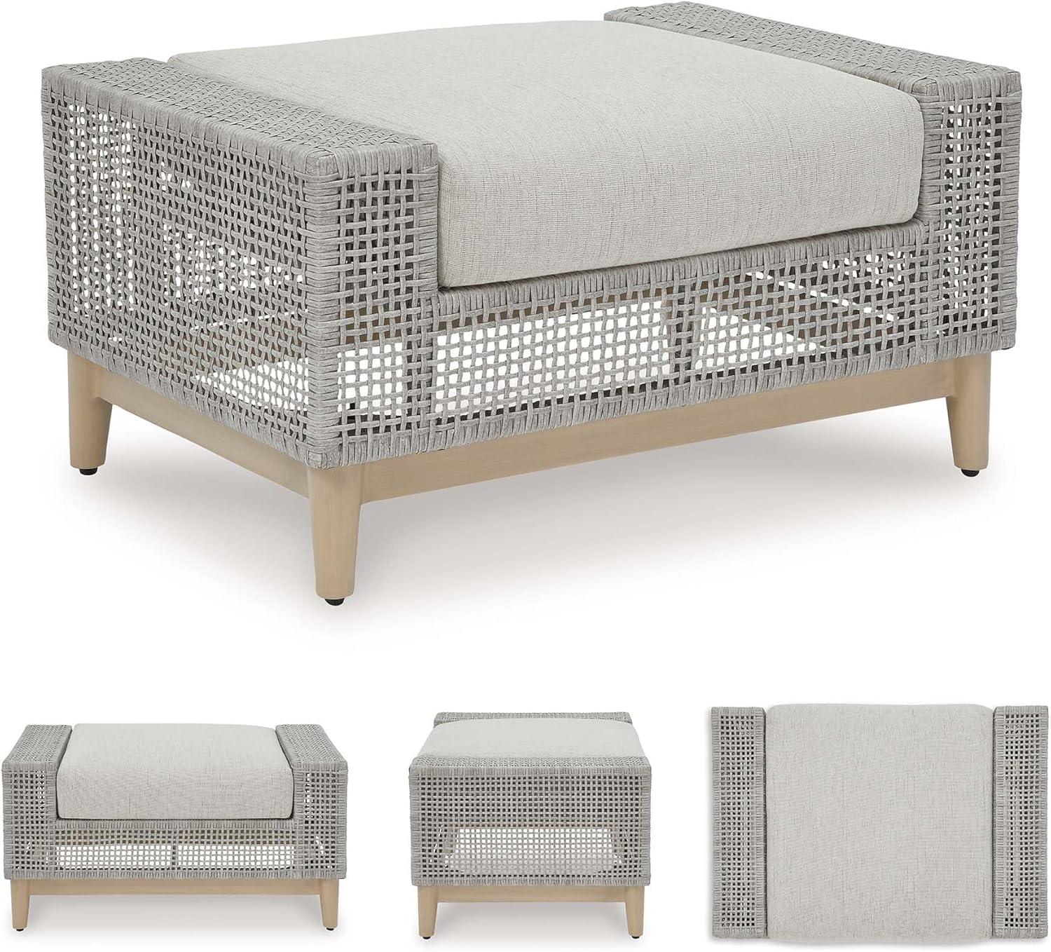 imageSignature Design by Ashley Seton Creek Cottage Nuvella Weather Resistant Fabric Outdoor Loveseat with Cushion and 2 Throw Pillows Light Brown ampamp Light GrayOutdoor Ottoman with Cushion