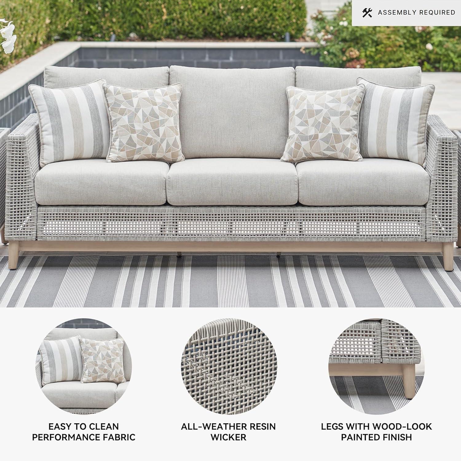 imageSignature Design by Ashley Seton Creek Cottage Nuvella Weather Resistant Fabric Outdoor Loveseat with Cushion and 2 Throw Pillows Light Brown ampamp Light GrayOutdoor Sofa with Cushion