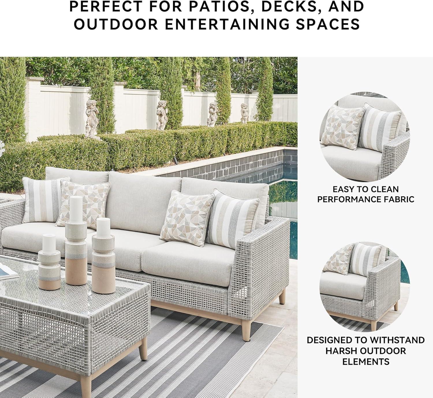 imageSignature Design by Ashley Seton Creek Cottage Nuvella Weather Resistant Fabric Outdoor Loveseat with Cushion and 2 Throw Pillows Light Brown ampamp Light GrayOutdoor Sofa with Cushion