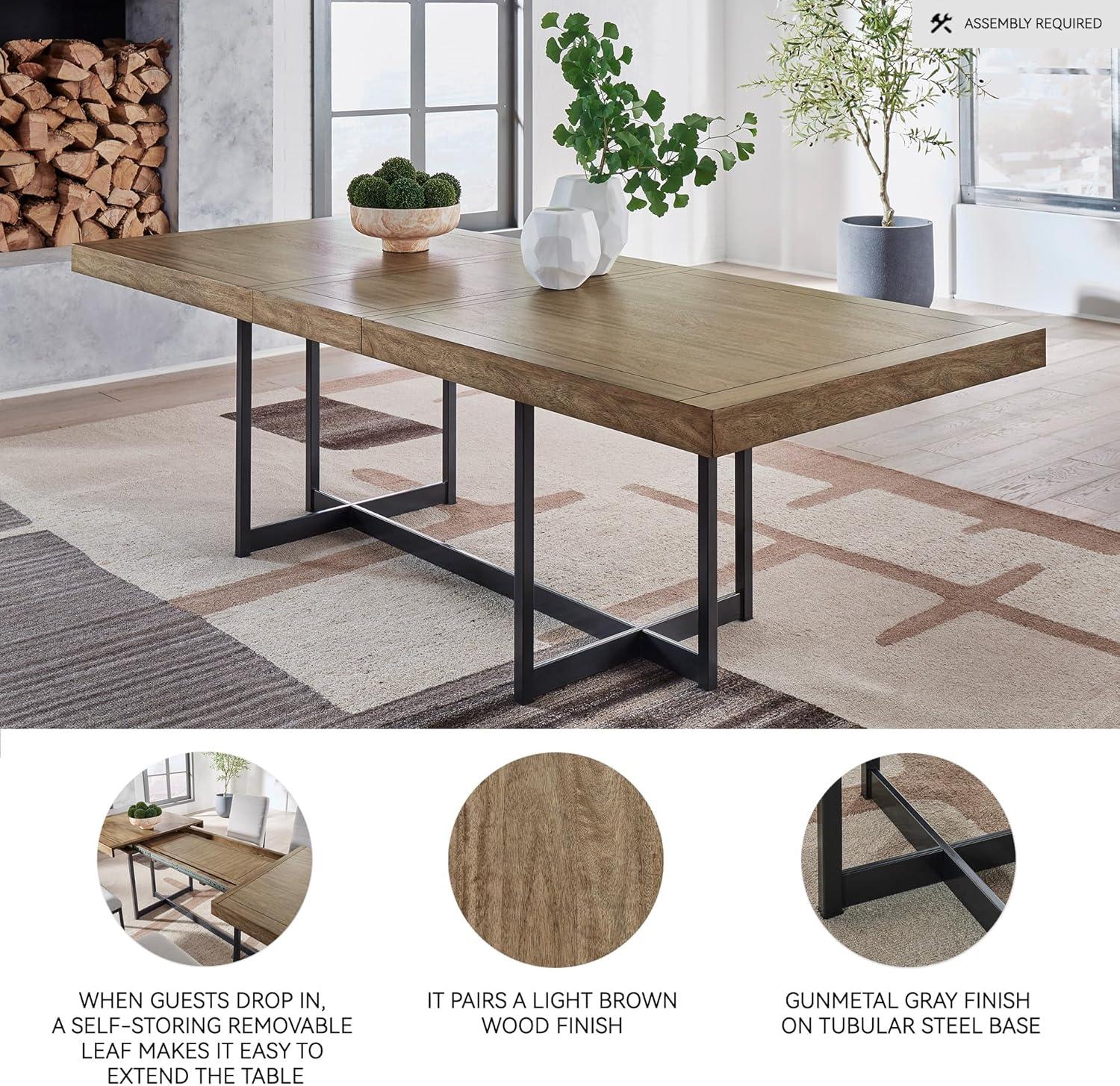 imageSignature Design by Ashley Tomtyn Casual Self Storing Leaf Dining Extension Table with Trestle Base Light Brown