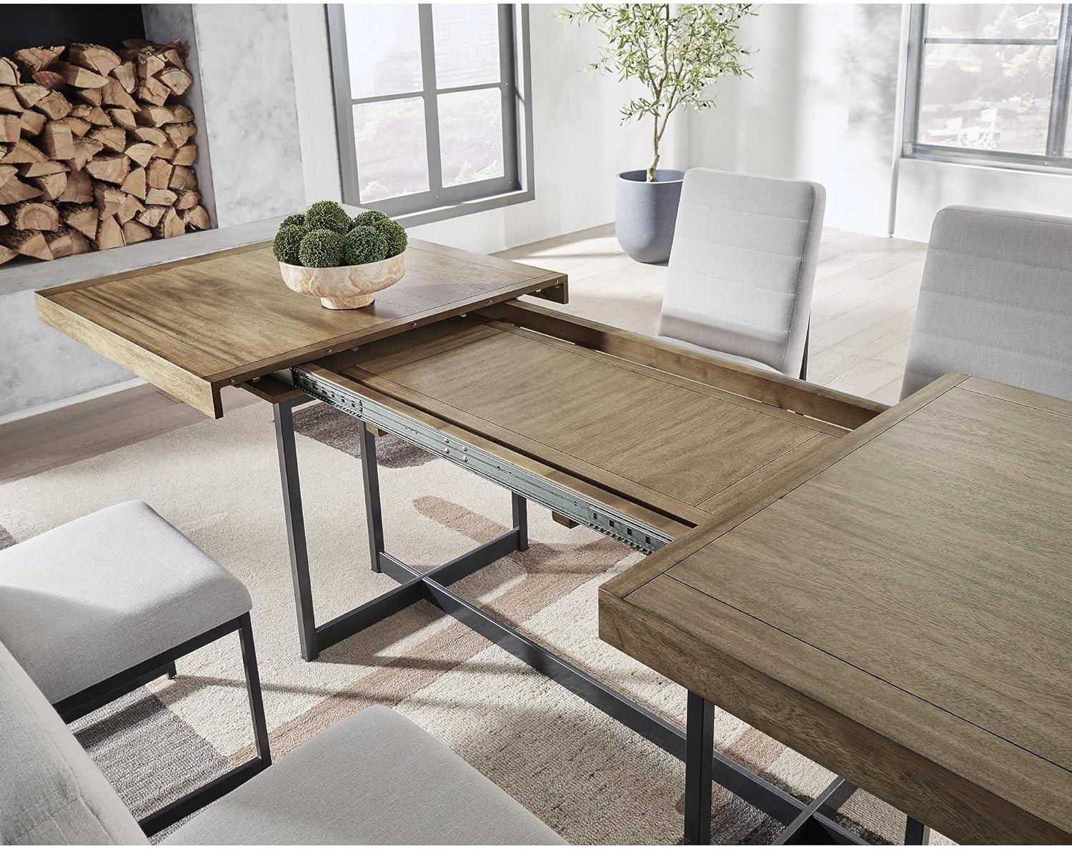 imageSignature Design by Ashley Tomtyn Casual Self Storing Leaf Dining Extension Table with Trestle Base Light Brown
